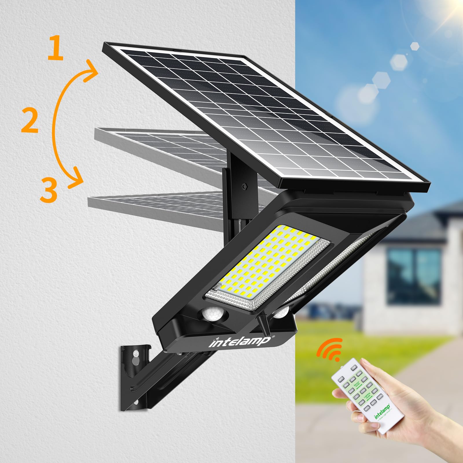Intelamp - Proyector solar exterior LED 3000LM batería 12500mAh, mando a distancia, 4 modos, doble sensor movimiento 180°, lámpara solar para jardín, garaje, terraza