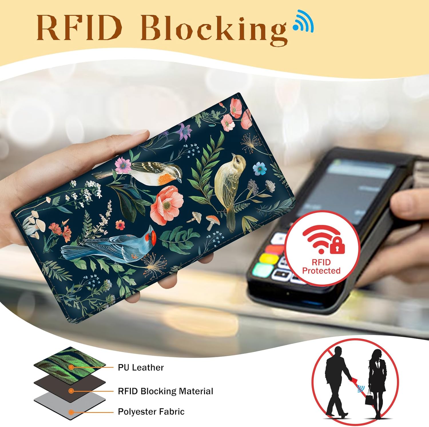 Immaturus Womens Wallet, Bird Flower Slim Thin RFID Blocking Credit Card Wallets, Mushroom Long Bifold PU Leather Card Holder Organizer, Cash Clutch Billfold with Zipper Coin Pocket Ladies Girls Gift - Image 4