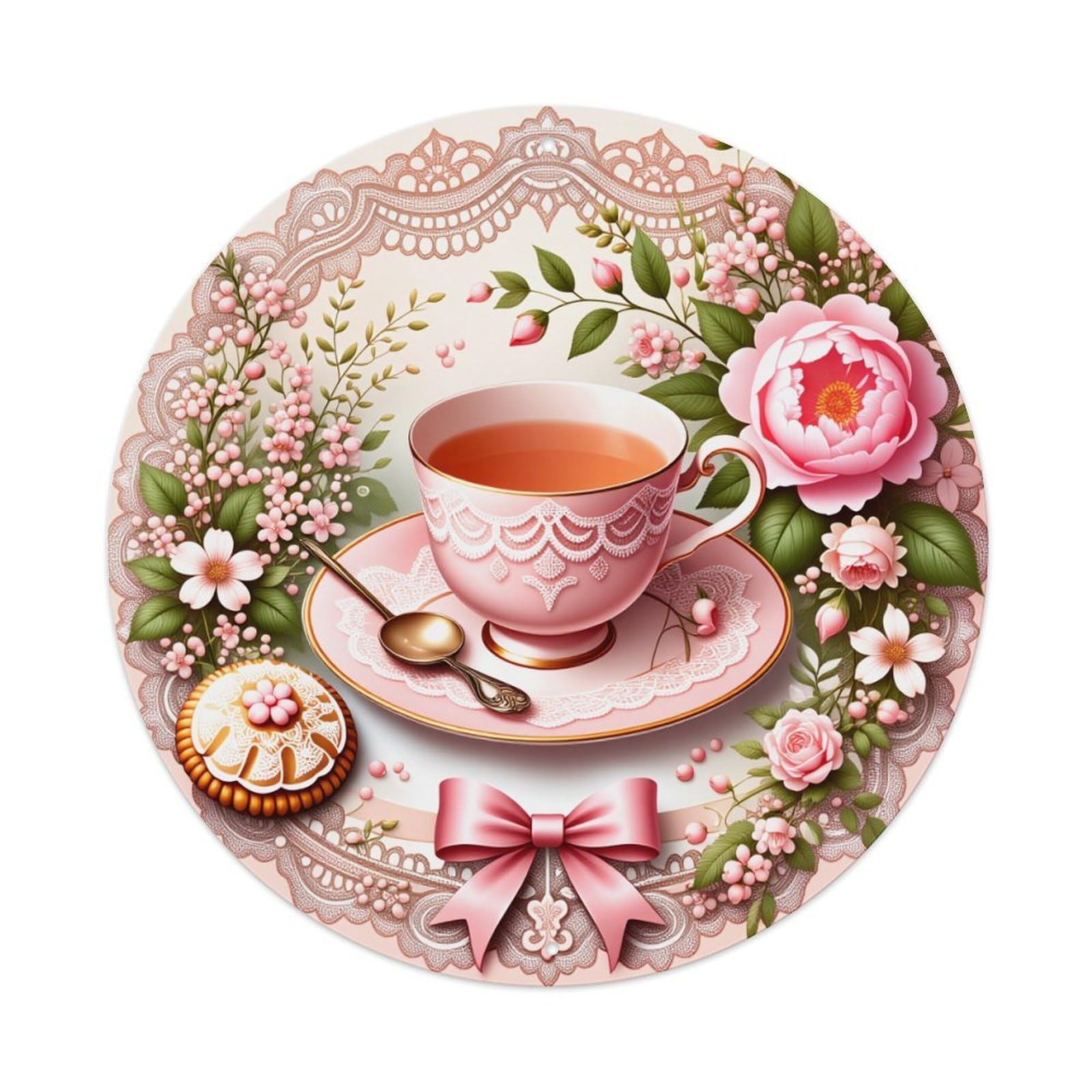 Floral Tea Cup Lace Bow Round Tin Sign Vintage Style Metal Sign Home Bar Garden Wall Plaque Decor Metal Poster 8x8 Inch