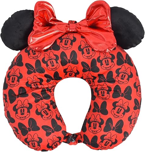 Disney Minnie Mouse - Almohada de viaje para el cuello con orejas 3D y lazo para avión, automóvil y oficina, cómoda y transpirable, rojonegro
