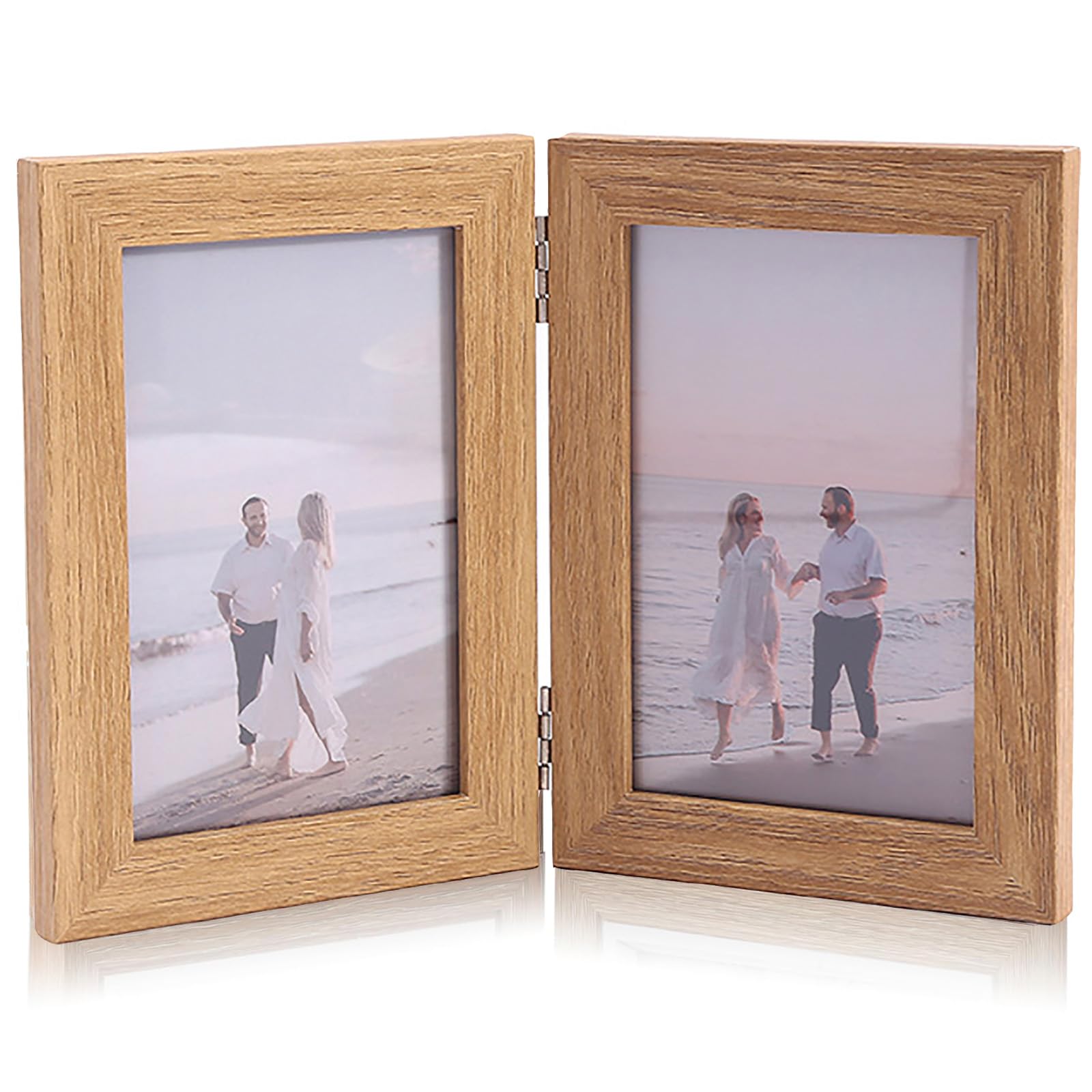 Double Photo Frame 4x6,Hinged Folding Picture Frame Stand Vertical on Desktop Double Picture Frame Holds 2 Standard Wooden Photo Frame for Wedding or Family Photos