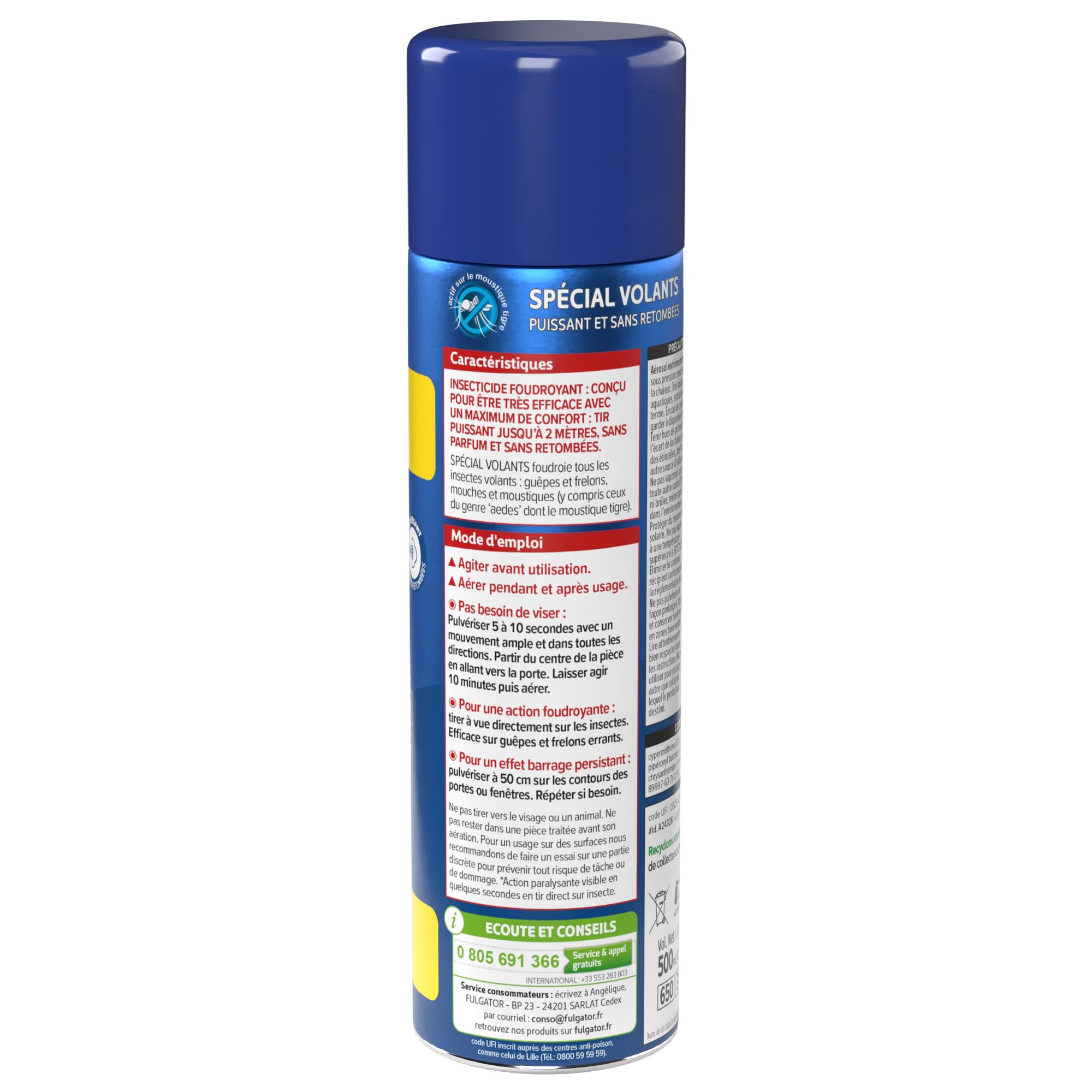 FULGATOR - Insecticide SPÉCIAL VOLANTS - Action rapide et puissante contre les insectes volants : mouches, guêpes, moustiques, moustiques tigres - Sans odeur ni retombées - Fabriqué en France - 500mL