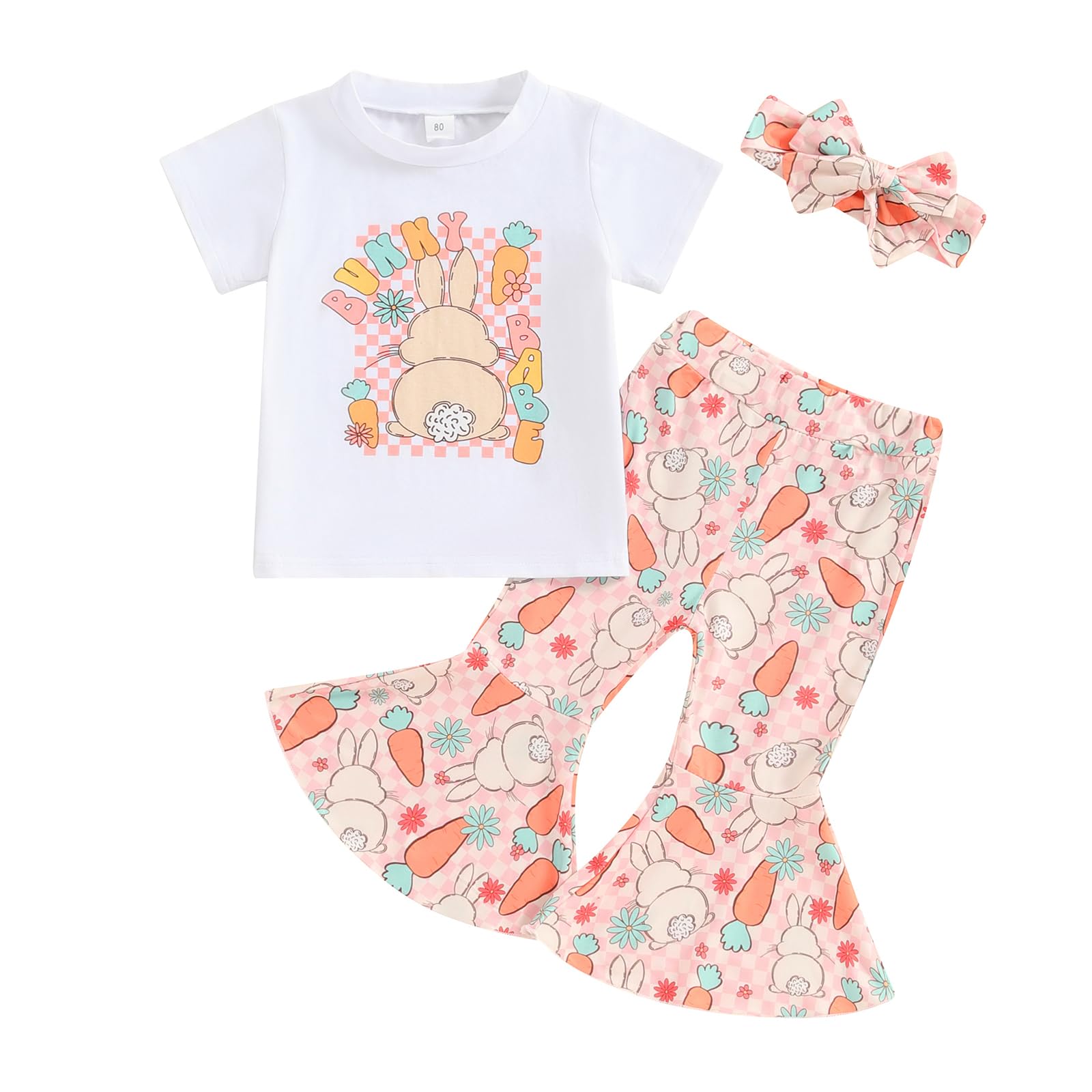 Hnyenmcko Toddler Baby Girl Easter Outfits Short Sleeve Letter Print T-Shirt Bunny Flared Pant Sets Summer Clothes Set (AB-White Orange, 18-24 Months)