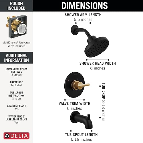 Miniatura 13 de Delta Faucet Nicoli 14 Series - Kit de molduras de ducha y bañera de un solo mango, grifo de ducha con cabezal de ducha H2Okinetic de 5 Cromado,Mate