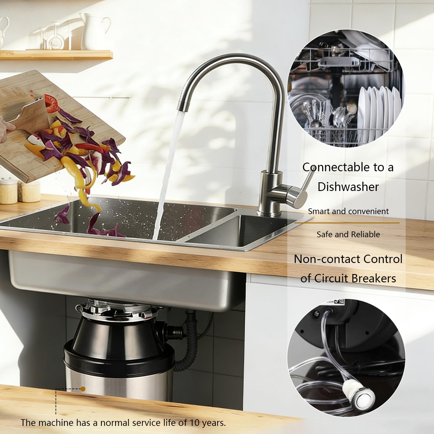 Dissipatore di rifiuti alimentari, 1,4 L 560 W, in acciaio inox, da cucina, sotto il lavello, con interruttore dell'aria integrato con anti-bloccaggio e protezione da sovraccarico, efficiente ad alta