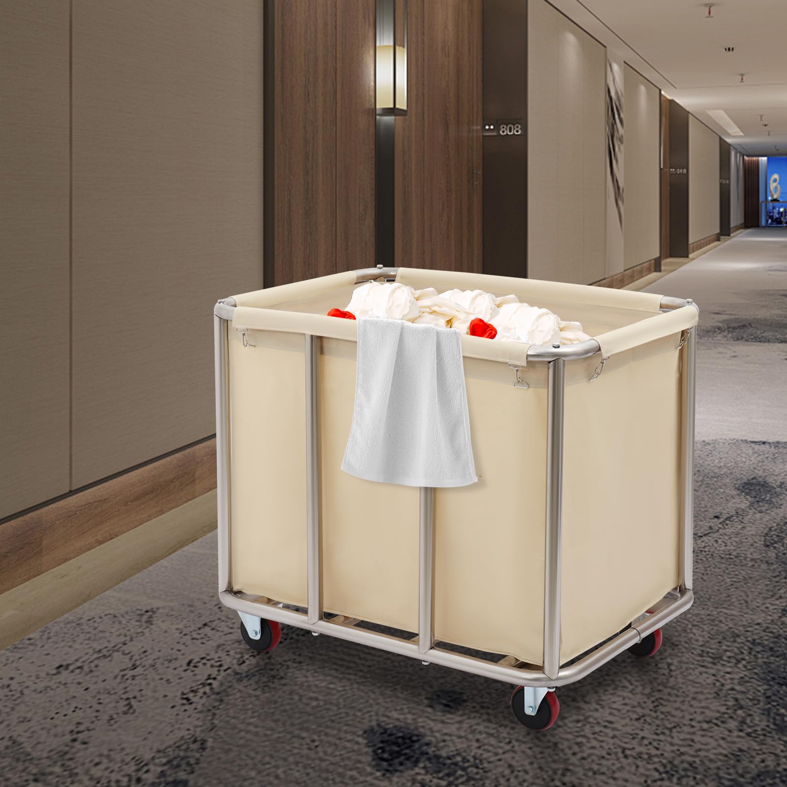 Portabiancheria grande con ruote, 90 x 65 x 80 cm, commerciale in acciaio inox, per la biancheria domestica, hotel, portata 60 kg