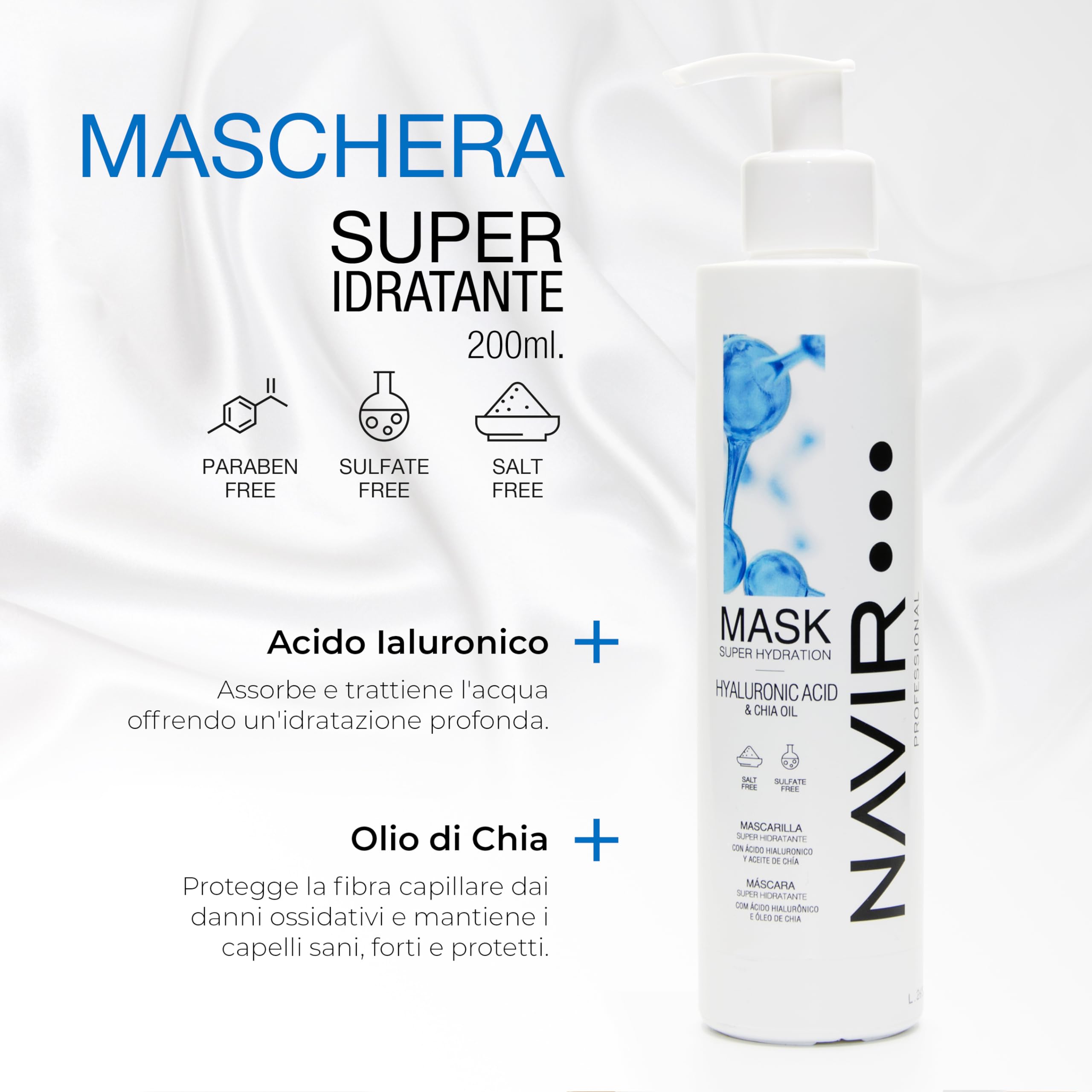 NAVIR Professionale | Kit professionale capelli con acido ialuronico – Shampoo 500ml + maschera 200ml + balsamo 200ml – Idratazione intensa post trattamento lisciante – Senza solfati – 3 prodotti