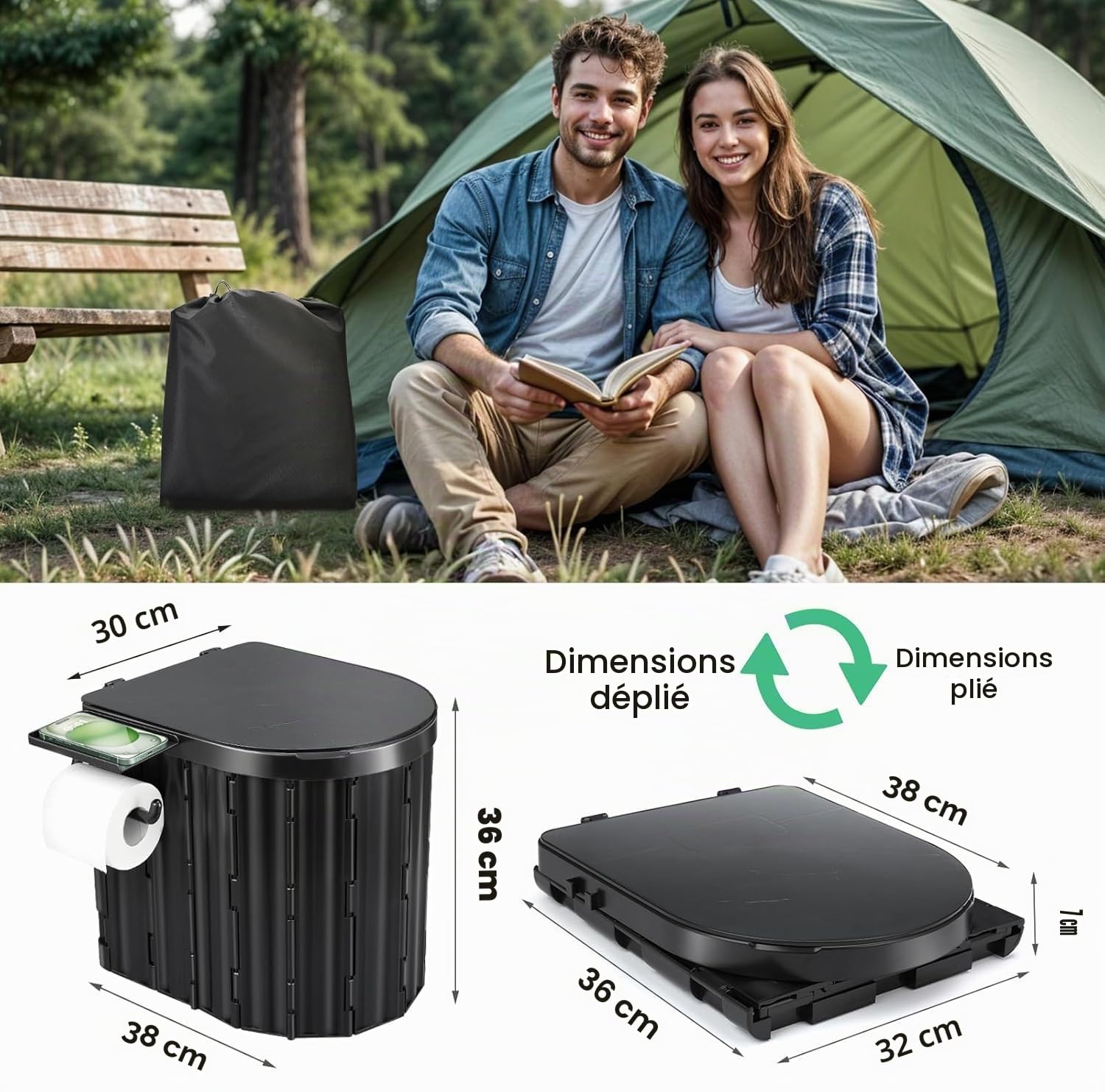 Sckee Toilettes de camping portables pour adultes, toilettes pliantes portables avec couvercle et porte-papier, pot compact pour voiture, toilettes portables pour camping, randonnée, camion