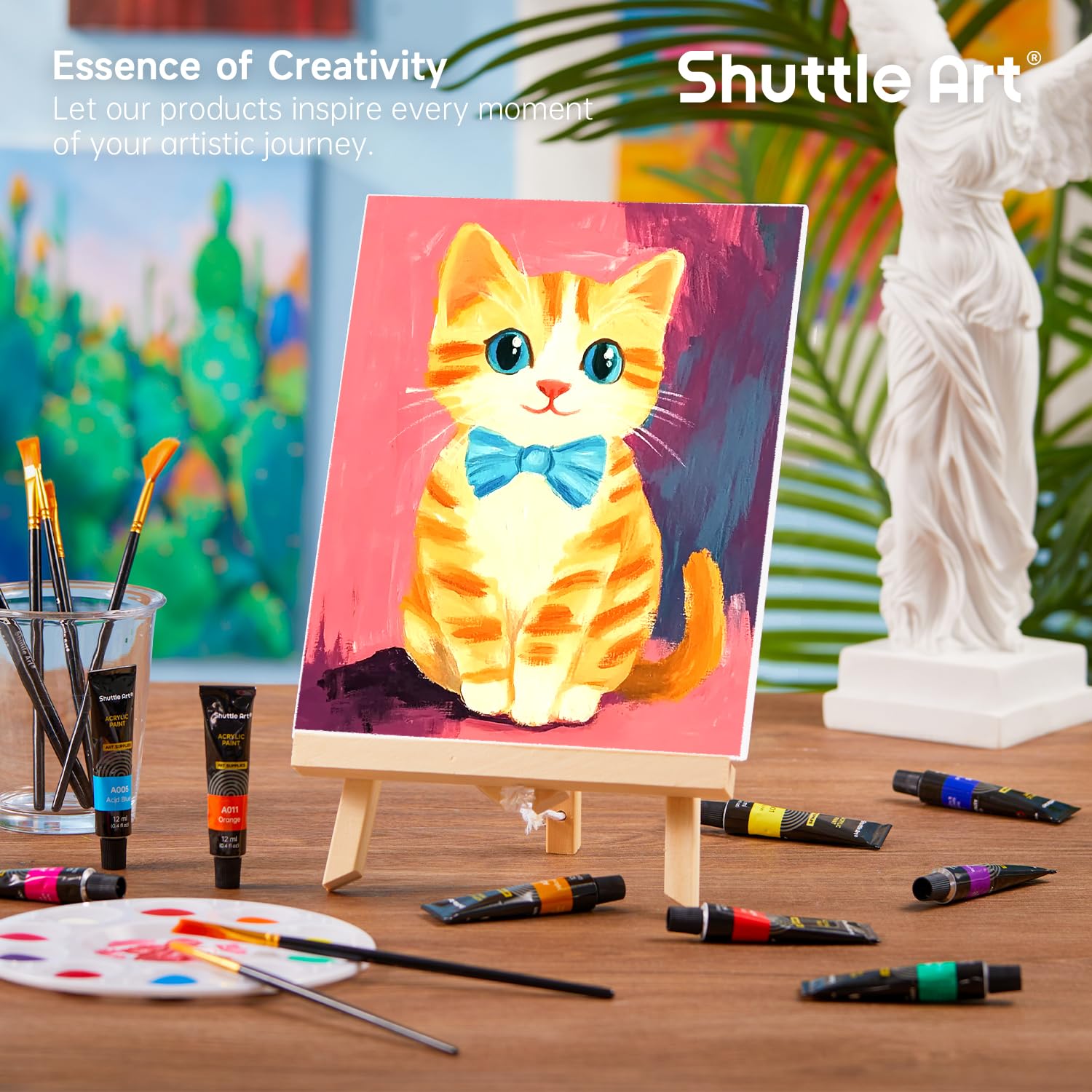 Shuttle Art 69-teiliges Acrylfarben-Set, Acrylmalerei-Set mit 2 Packungen mit 15 Farben Acrylfarbe, 3 Sets Holzstaffeleien, Leinwand, Pinsel und Paletten, Kunstmalzubehör für Kinder, Erwachsene,