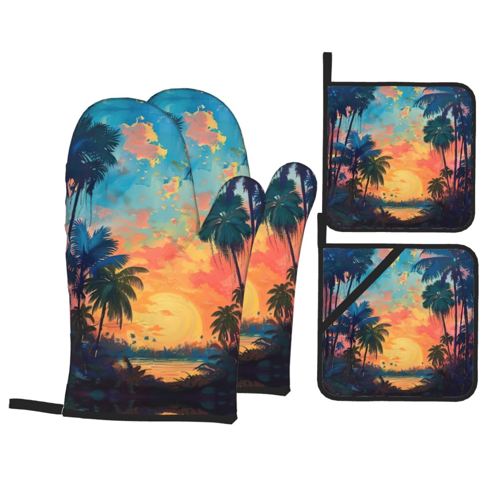 Tropical Sunset Print Stylish 4-Piece Microwaving Oven Waterproof Kitchen Gloves Baking Holiday Cooking