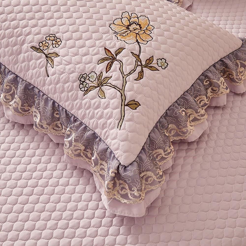 Juego de 3 colchas de Verano con Volantes Bordados y Elegantes, Ligeras y ultrasuaves, 1 Colcha Acolchada y 2 Fundas de Almohada, Color 4, 250 x 270 cm, 3 Unidades