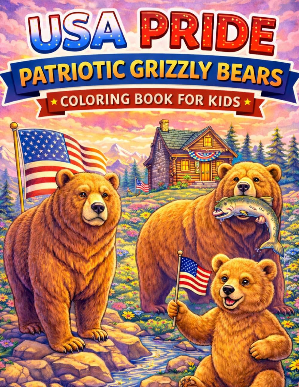 USA Pride: Patriotic Grizzly Bears Coloring Book for Kids: 50 Fun American Bear Coloring Pages Featuring Flags, Mountains, Cabins, and Proud USA Wildlife