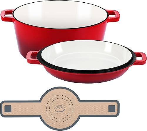 E-far 5 Quart Enameled Cast Iron Dutch Oven, 2 in 1 Dutch Oven Pot with Skillet Lid and Silicone Bread Sling, Ideal for Bread Baking, Cooking, Stewing, Frying, Induction & Oven Safe - Red - Thumbnail 5