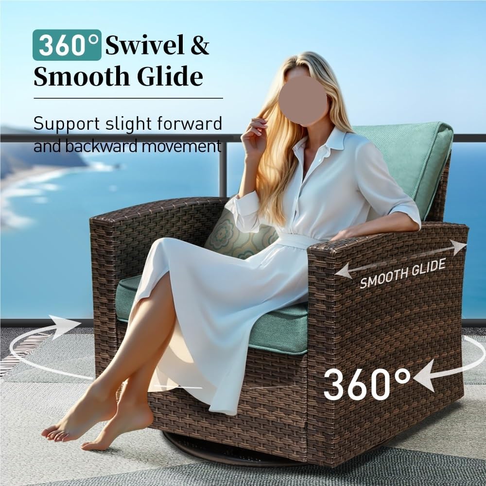 Swivel Glider Patio Furniture Set Brown Wicker Rattan Outdoor Furniture Patio Conversation Sets with Cushion Outside Sofa for Backyard Porch Balcony Poolside
