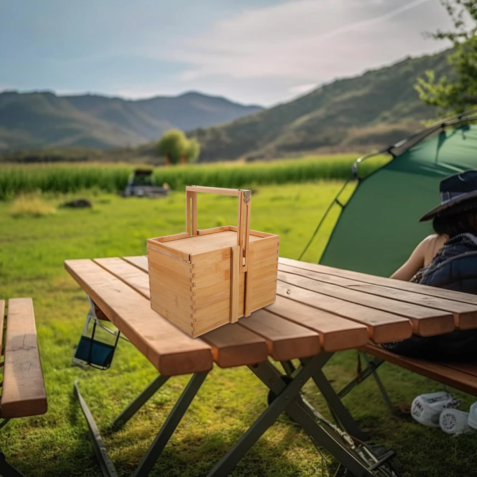 MAGICLULU Cesta de Bambú Tejida a Mano Asa Ajustable y Diseño Sencillo, Caja de Almacenamiento para Picnic y Uso Doméstico, Material Madera Duradero Color Caqui