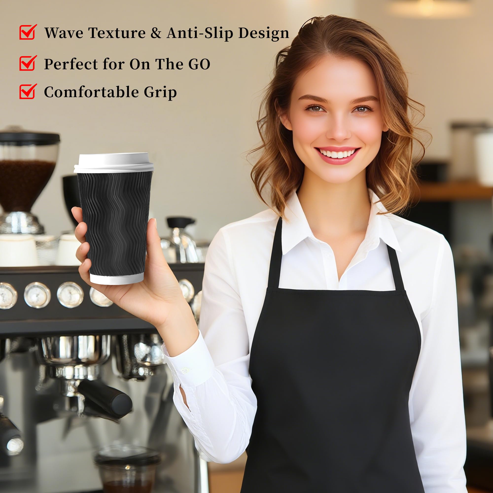 100 Set - 16 oz Coffee Cups with Lids, Disposable Insulated Corrugated Paper Cups, Double Wall Ripple To Go Cups for Hot Drinks, Chocolate, Cocoa (Black)