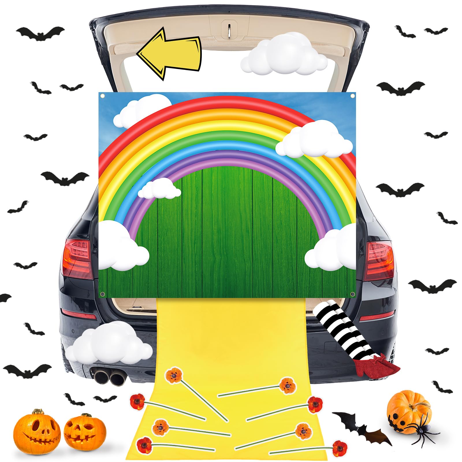 Décorations d'Halloween pour coffre Frienda avec bannière arc-en-ciel et tapis de chemin