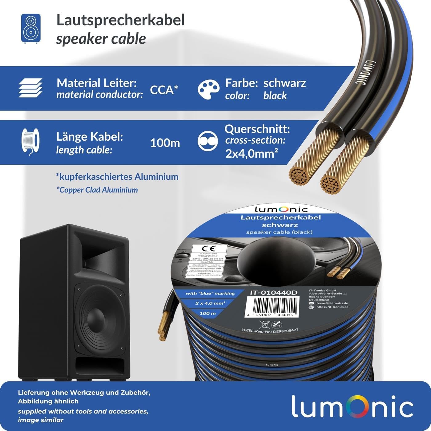 Lumonic Cables de altavoz | 100m Negro | 2x 4mm² CCA | Marcado azul Cable de altavoz HiFi | Línea doble de audio