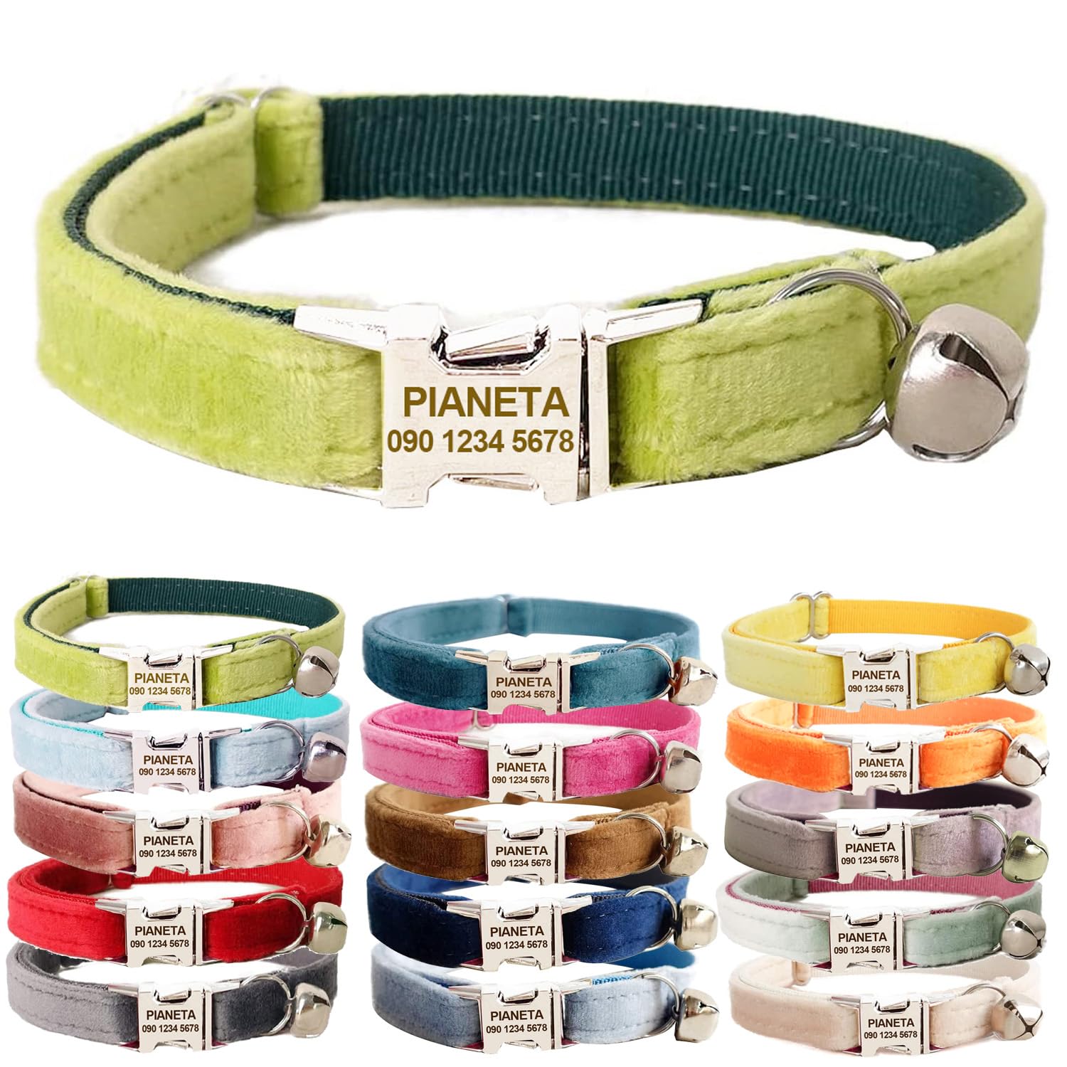 Personalized Cat Collar, Customized Pet ID Collars with Bell for Cat and Small Dogs Puppy Kitten - Custom Text with Pet Name and Phone Number (L (8"-13"),Moss Green)