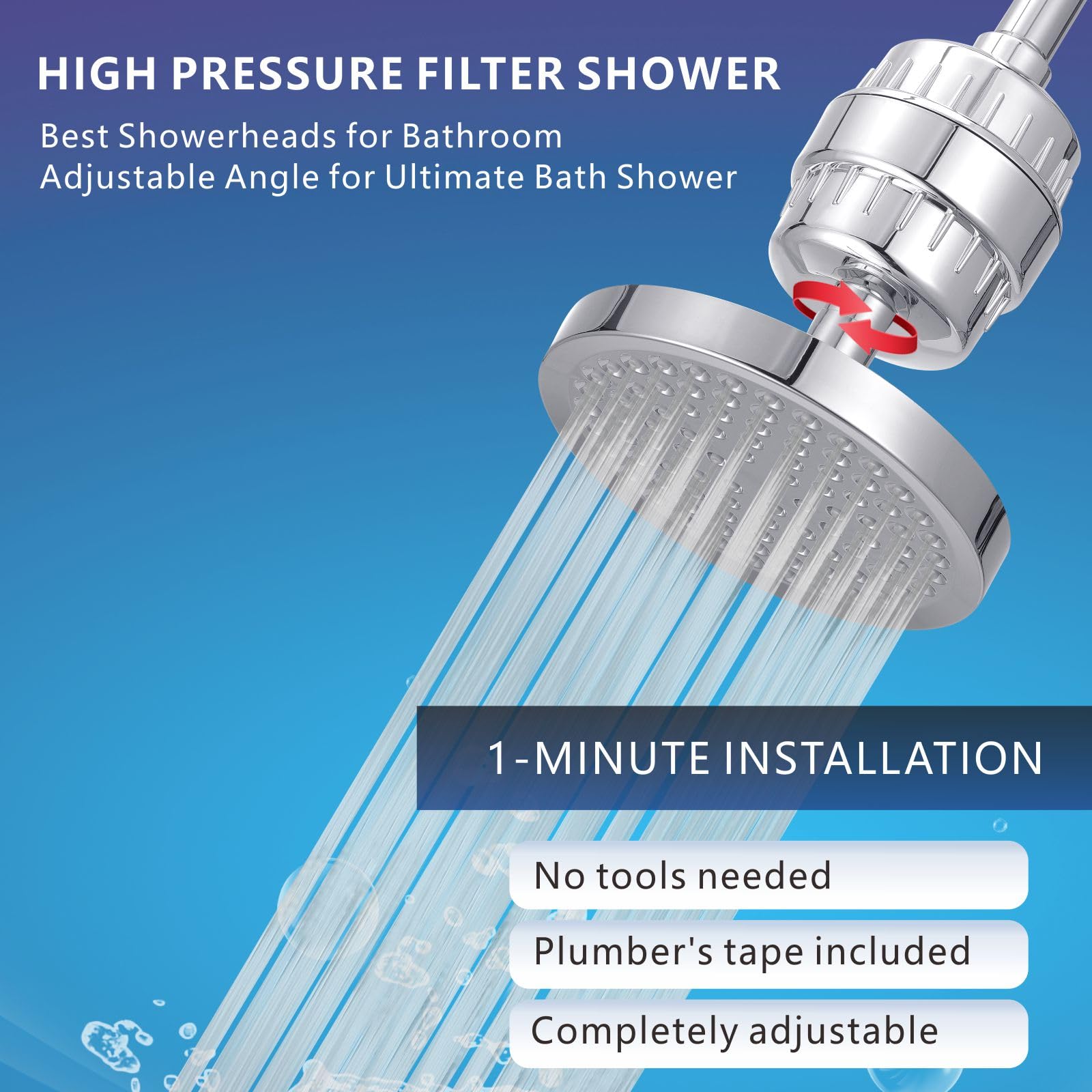Juego de cabezal de ducha filtrado de alta presión, filtro de ducha de lluvia de 6 pulgadas para agua dura, cabezal de ducha redondo universal, filtración de 20 etapas, elimina impurezas para