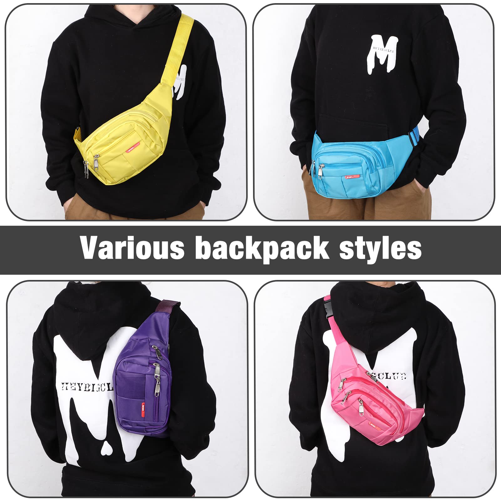 Lot de 16 sacs banane réglables en vrac avec fermetures éclair colorées en toile pour femmes, hommes, enfants, équipes, voyage, course à pied, cyclisme, randonnée