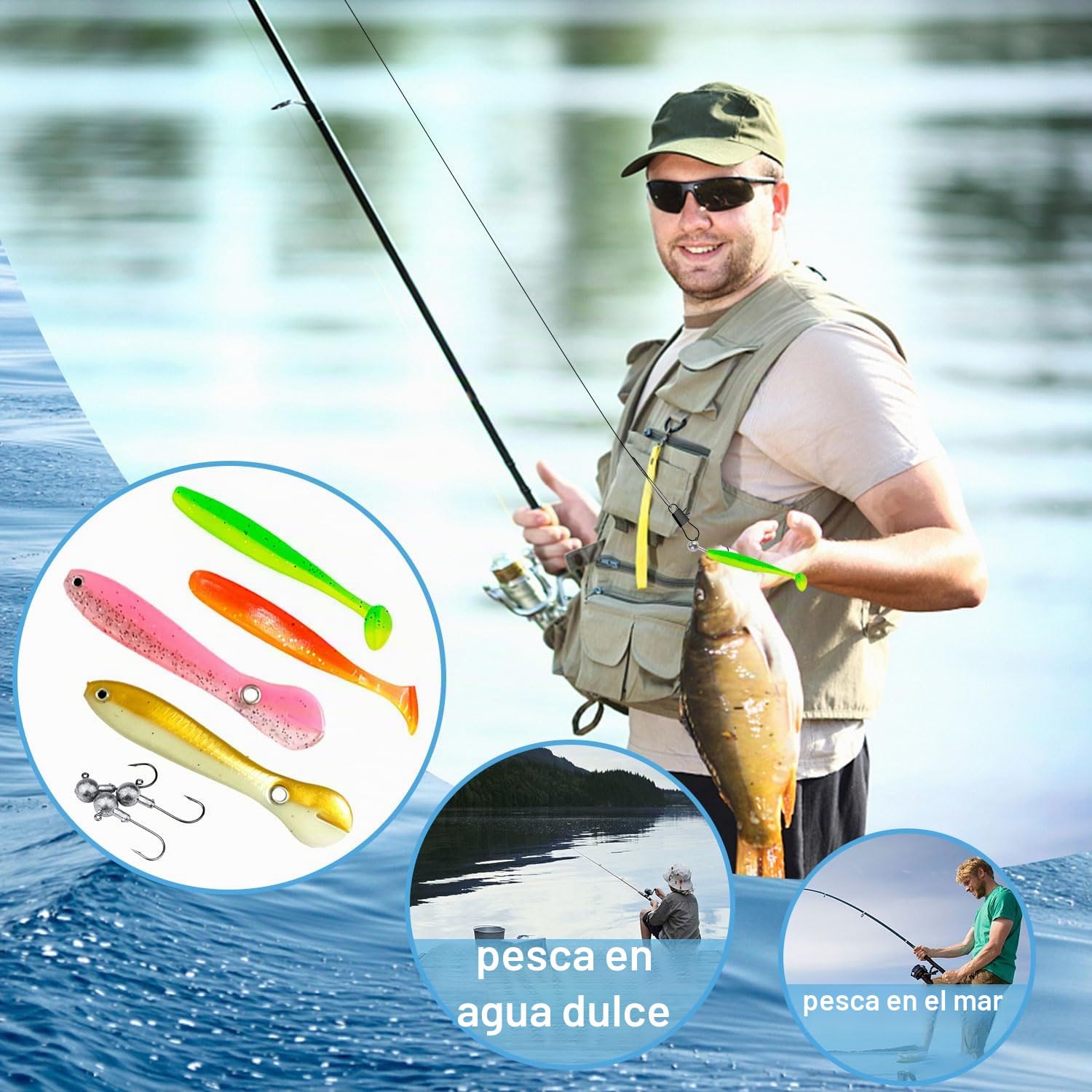 53 Piezas Carpfishing Accesorios 43 Piezas Vinilos Pesca 2 Tamaños de Anzuelos de Pesca 10 Piezas Cabezas Plomadas Set de Señuelos Bionic Bait Accesorios de Pesca para Peces de Agua Dulce y Salada