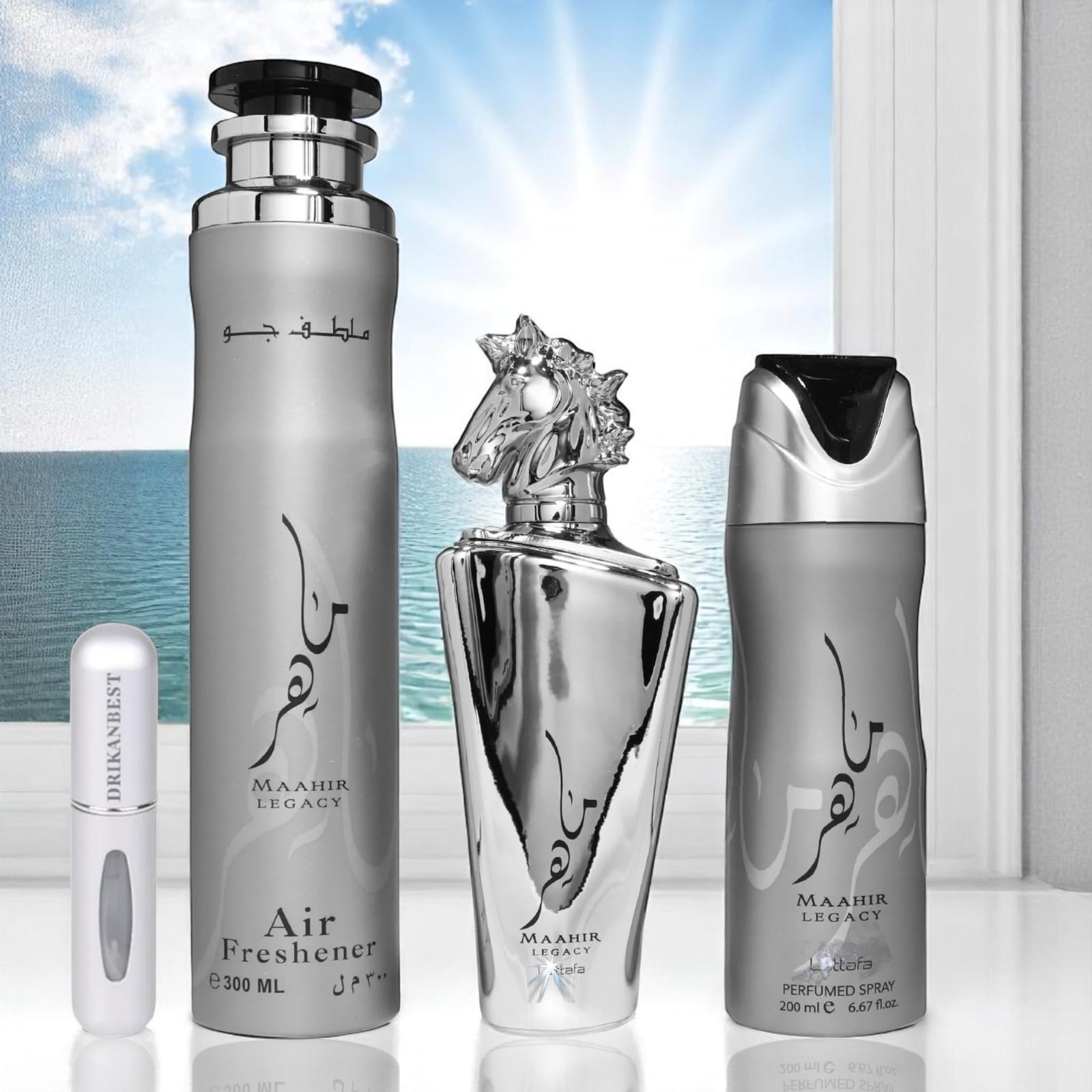 Set Maahir Legacy 3 Piezas – Perfume 100ml + Desodorante 200ml + Ambientador 300ml | Aroma Elegante y Duradero + Regalo Atomizador Recargable Drikanbest 5ml