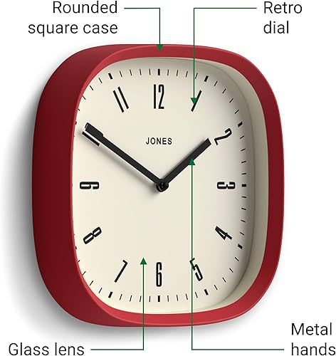 Miniatura 6 de JONES CLOCKS Reloj de pared Marvel Reloj cuadrado redondo retro 10 pulgadas Rojo Aspecto de diseñador genial para cocina, sala de estar u oficina