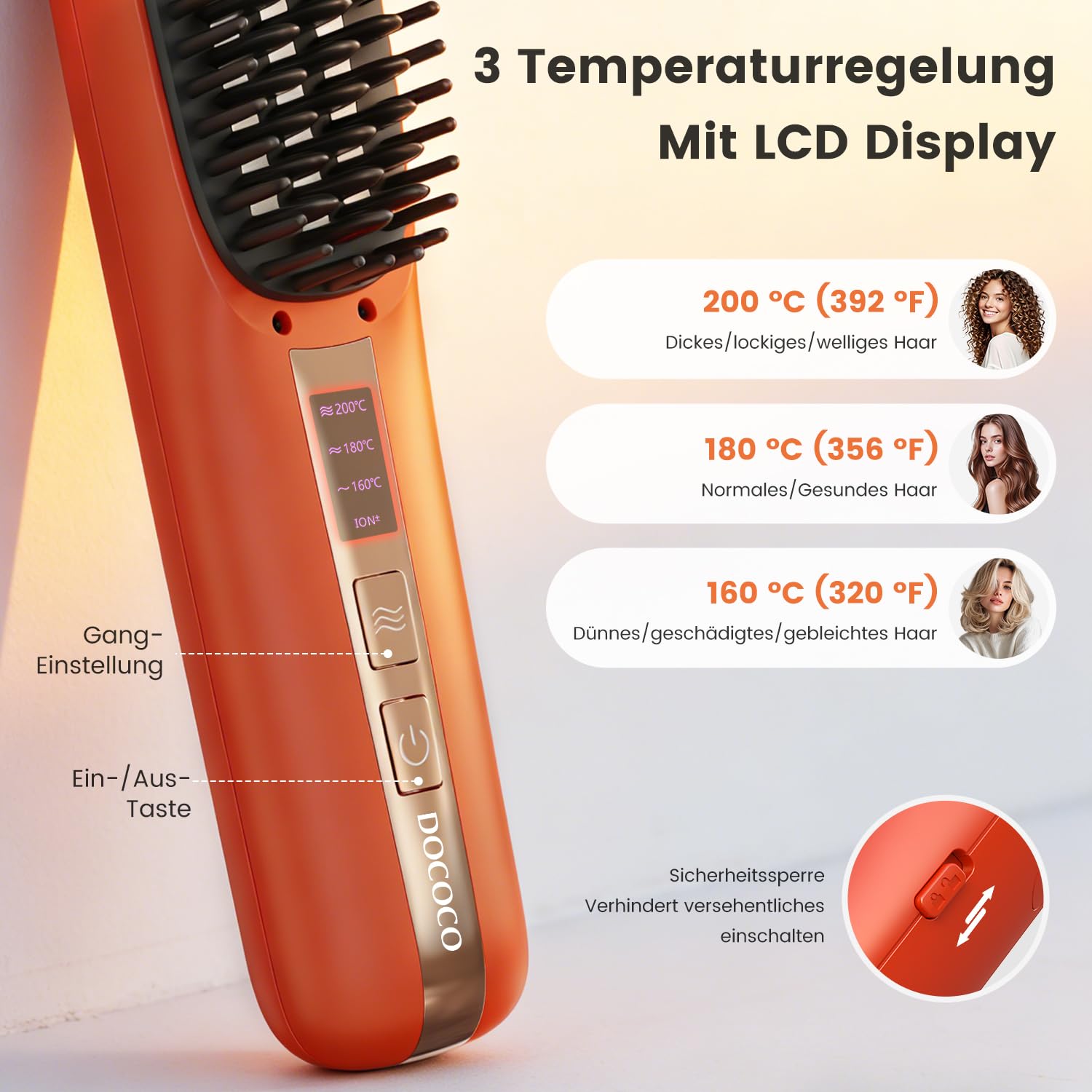 Kabellose Glättbürste mit LCD Display, 3 in 1 Haarglätter Bürste mit 300 Millionen Ionen, 20s Schnellaufheizung, 3D Anti-Verbrühung, Tragbar für Reisen