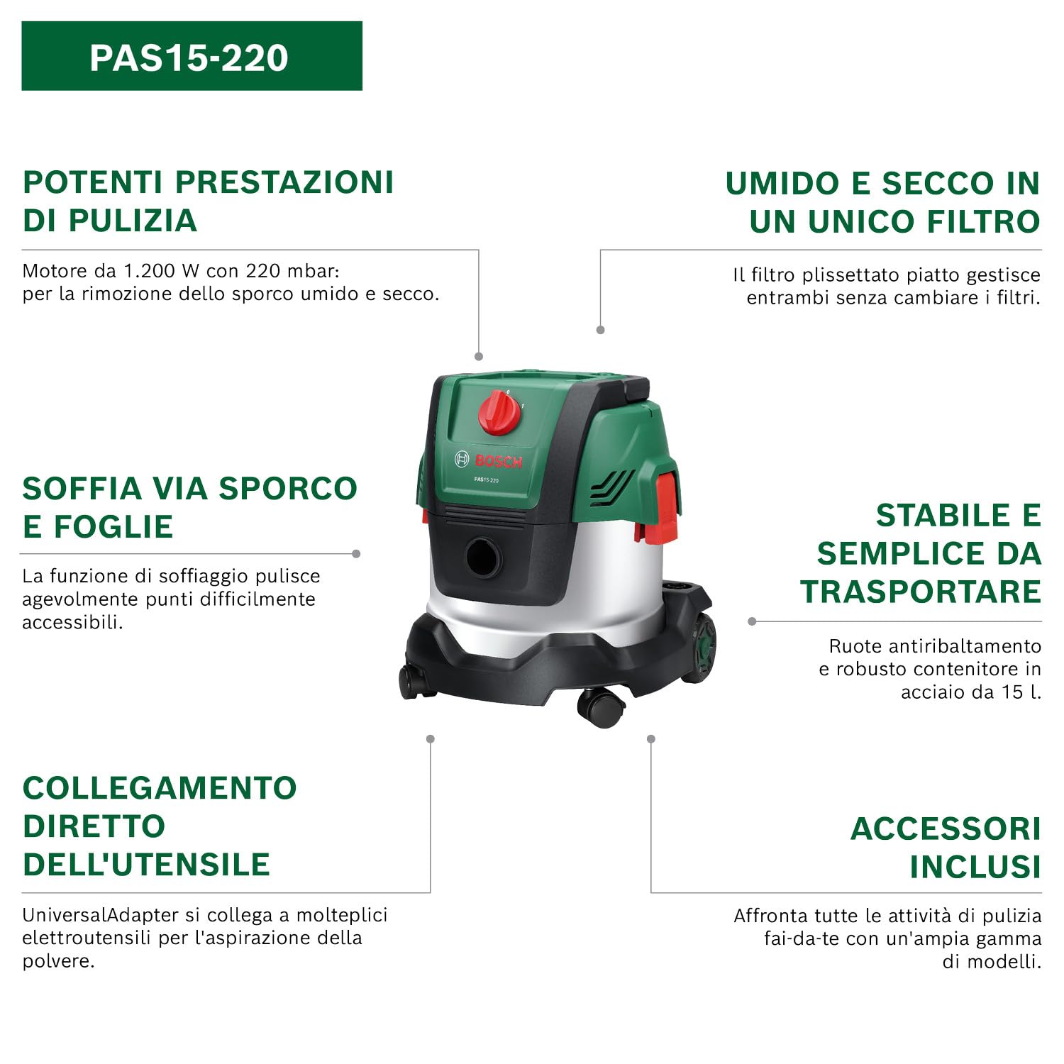 Bosch Aspirapolvere a filo PAS15-220 (Tubi di prolunga, tubo di aspirazione 2,2 m, tubo a gomito/impugnatura, bocchette, borsa in tessuto (Uni), filtro plissettato piatto, UniversalAdapter)