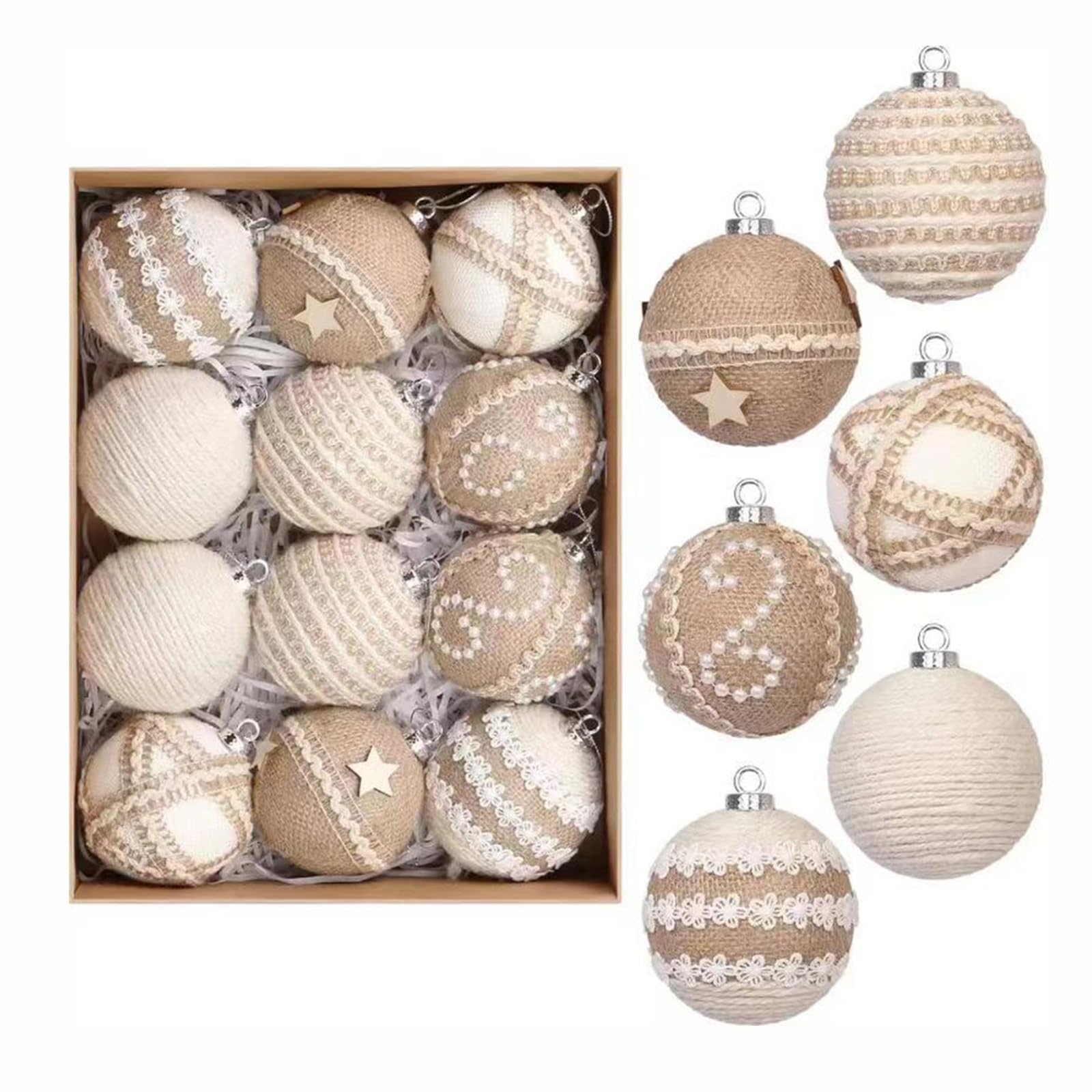 Tsophreniq 12Pcs Lace Burlap Foam Christmas Baubles Shatterproof Christmas Ball Ornament for Tree Door Mantels Holiday Decoration Celebratory Ornamentation