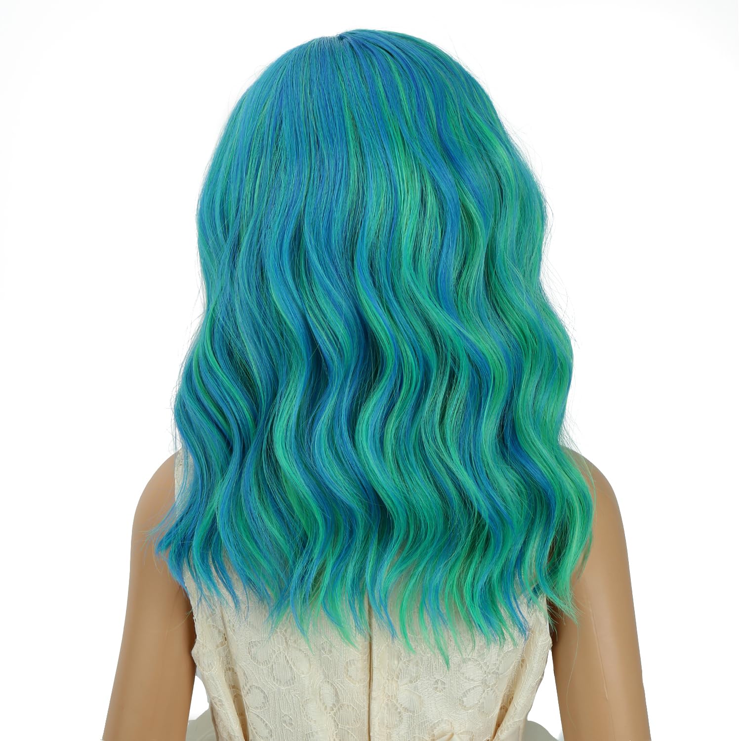 PATTNIUM Blue Mixed Green Wigs for Kids Girls Short Curly Wavy Wigs Side Part Shoulder Length Heat Resistant Synthetic Wig Halloween Cosplay Costume Party Wigs