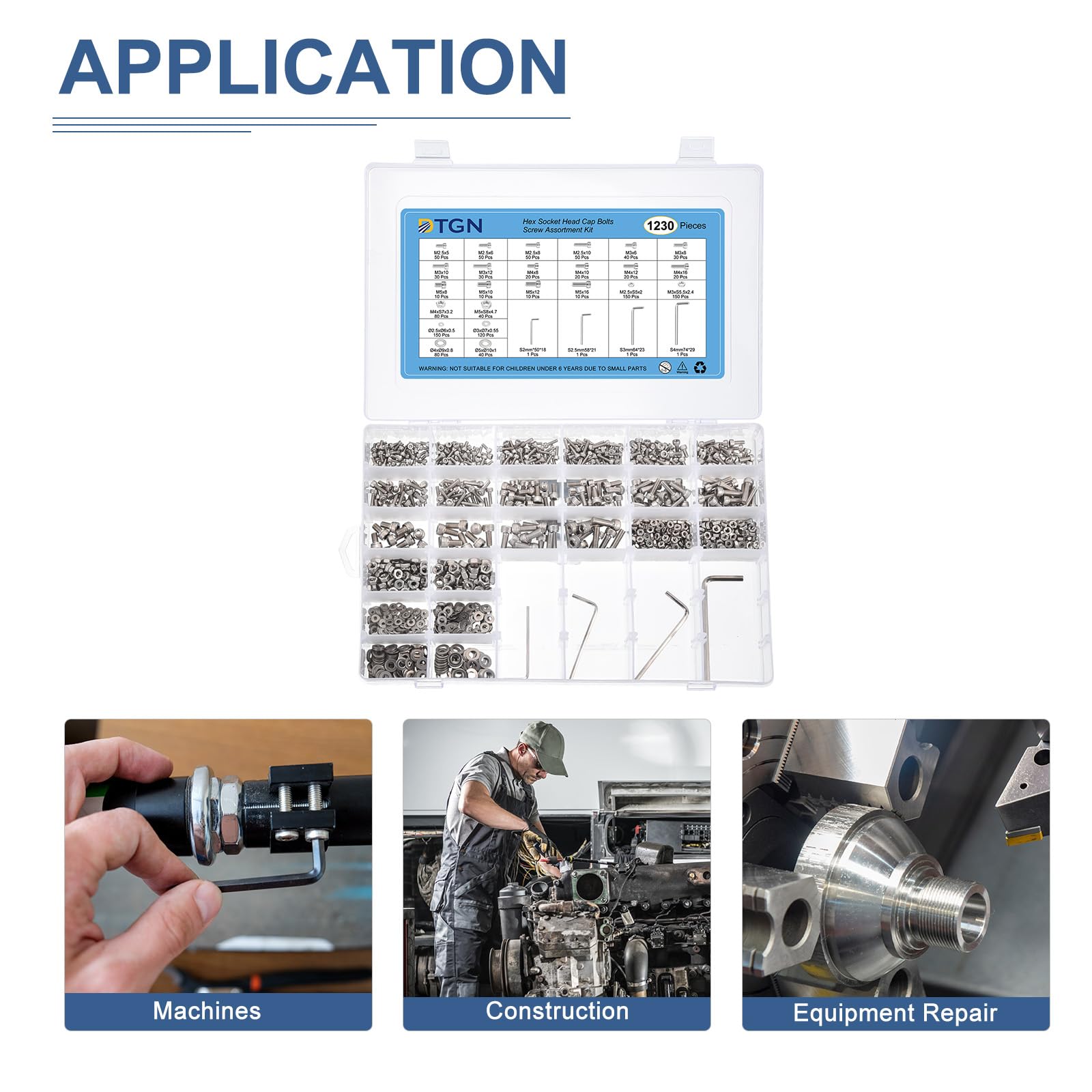 DTGN M2.5/M3/M4/M5X5/6/8/10/12/16Mm(Dxh) Assortiment De Boulons À Tête Cylindrique À Six Pans Creux Avec Écrous, 1230Pcs, Kit En Acier Inoxydable 304 Avec Clé Et Rondelles, Argenté