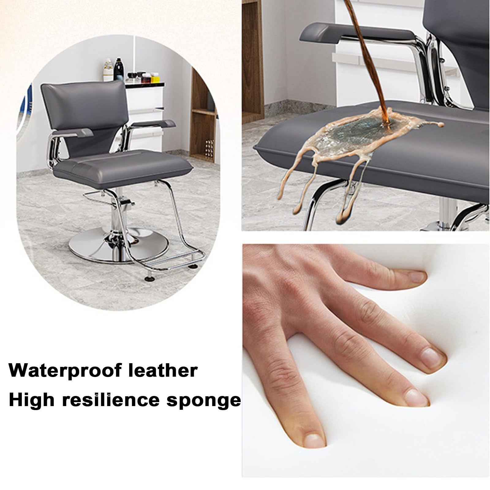 Niedrogie krzesło do salonu z podłokietnikami, obracany o 360°, hydrauliczny, skórzana, tapicerka, srebrna podstawa ze stali nierdzewnej i podnóżek, do salonu fryzjerskiego (szary)