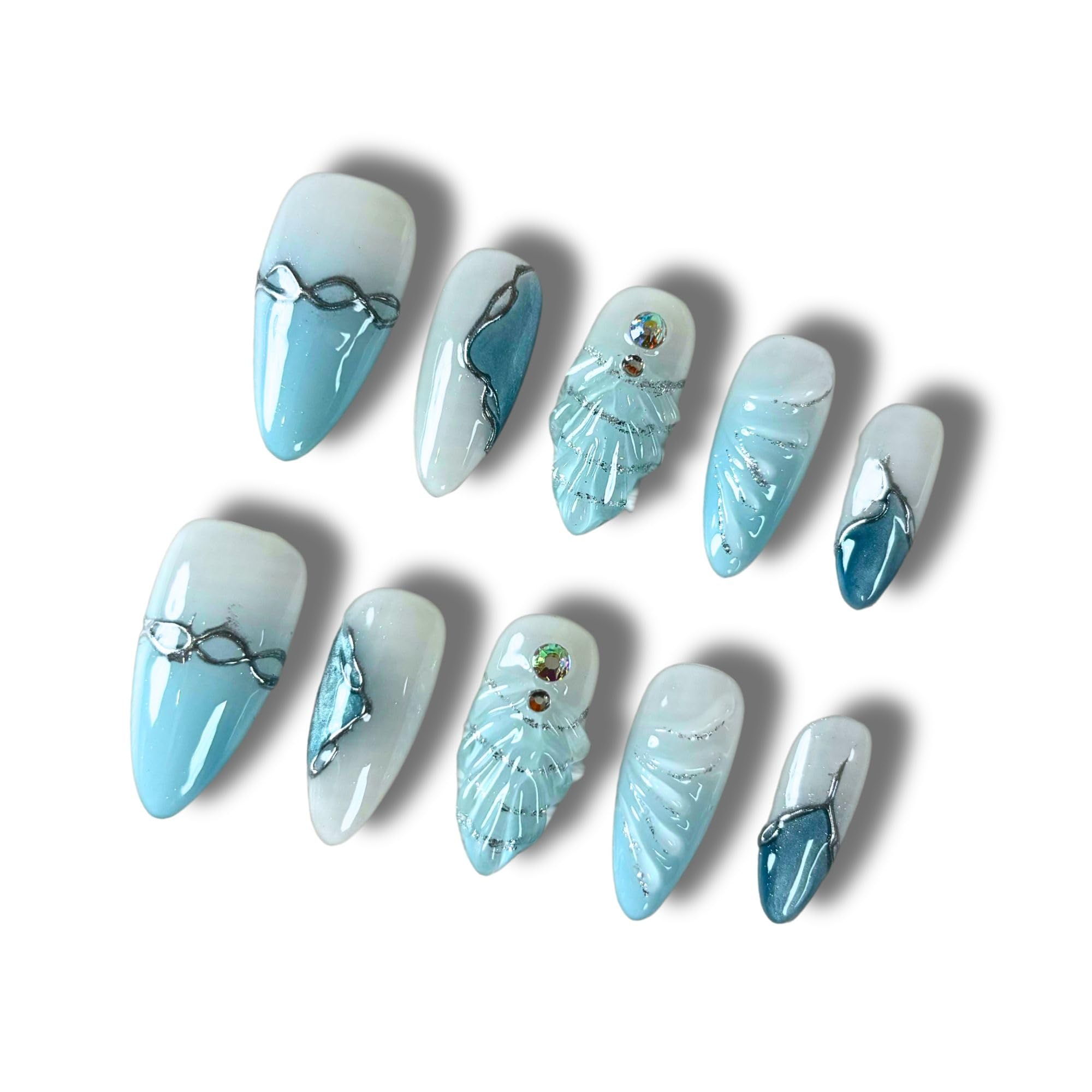 Yabonica Press On Nails Almond-Seashell 3D Handmade Nails Medium, Acrylic False Nails-Reusable Nature Stick On Nail,10pcs Lasting Salon Design Blue