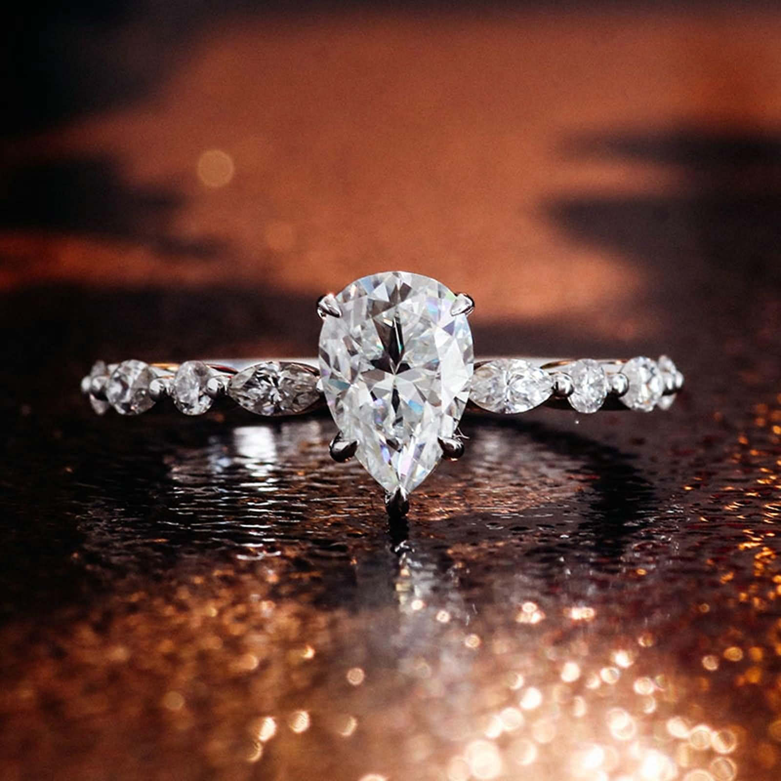 Anello indice da donna, anello di fidanzamento da donna, fantasia con moissanite bianca da 1/2/3 carati a forma di pera, in oro bianco