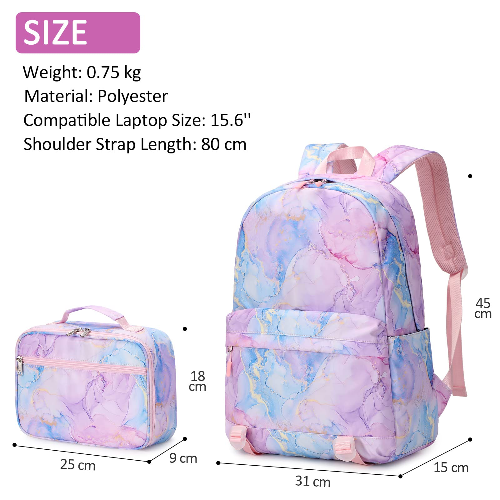 Zaini Casual Ragazze Zaino con Borsa Bento 2 Set di pezzi Zainetto per Universitari Moda Daypack Donna Impermeabile Zainetto Borse Viaggio in Zaino Borsa da Scuola Casual Zaino Viola