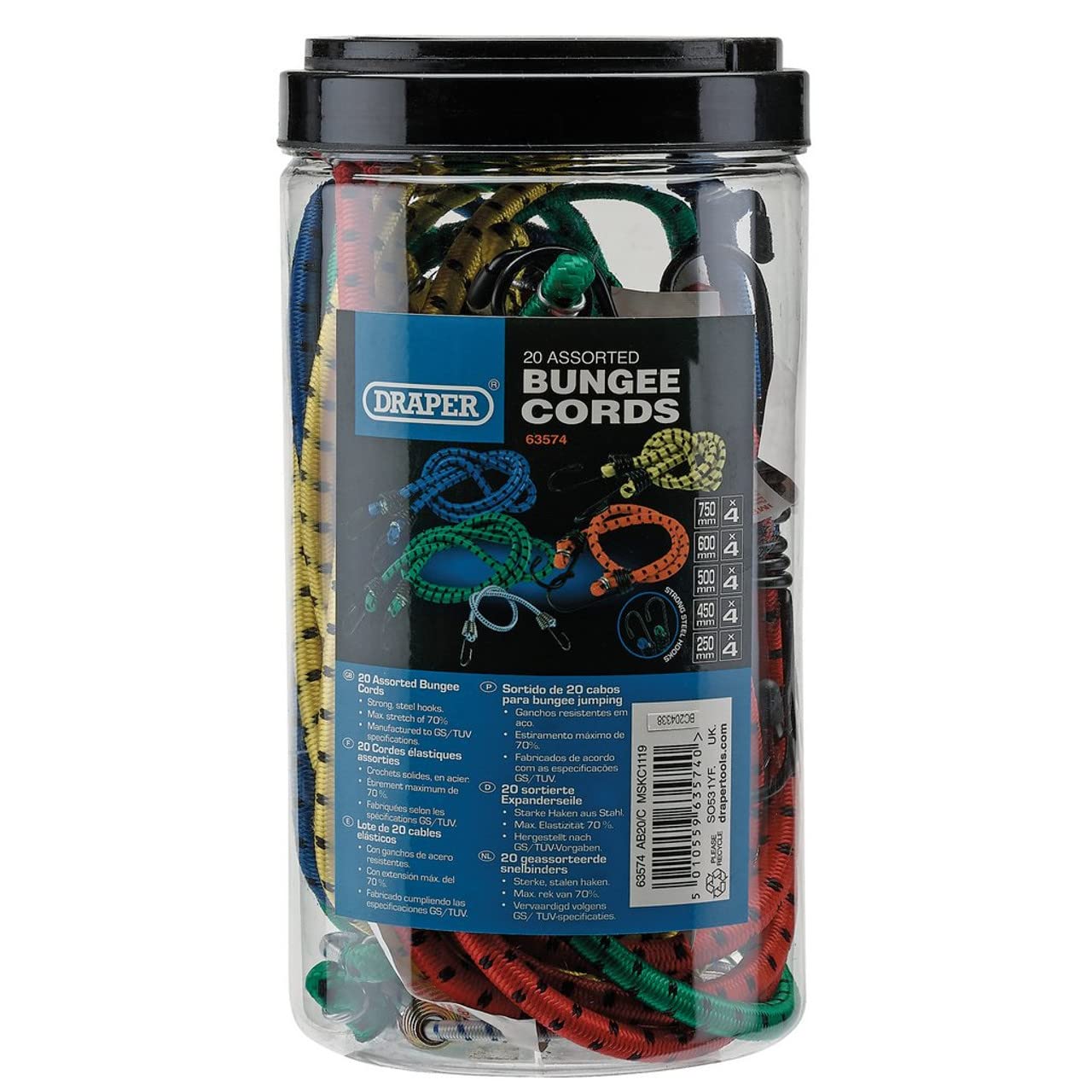 Draper 20PC ASSORTED BUNGEES 63574 63574 Assorted Bungee Cords (Pack of 20)
