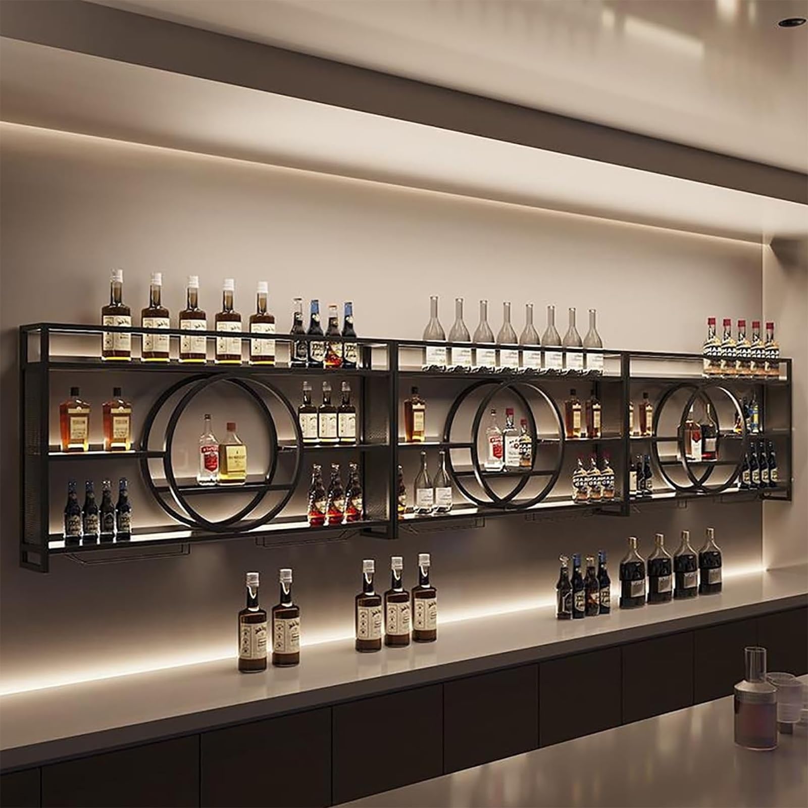 Botellero De Pared, Estantes Flotantes Rústicos De Metal para Almacenar Licores, Estante con Luz LED para Exhibir Botellas De Vino, Ideal para Cocinas, Bares Y Comedores(Black,140x80x15cm)
