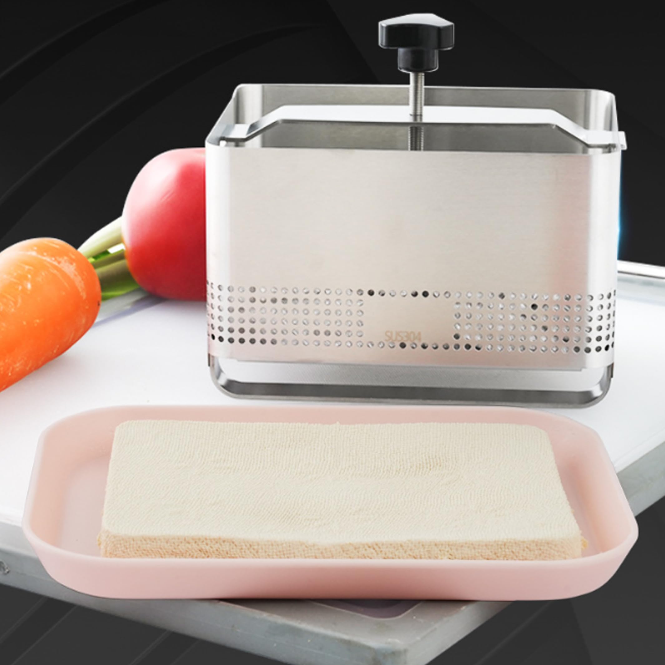 Pressa per Tofu in Acciaio Inossidabile, Regolabile, con Vassoio antigoccia.. | Acciaio inossidabile per uso alimentare, ideale per cuochi casalinghi, ottimo per tofu e formaggio fai-da-te