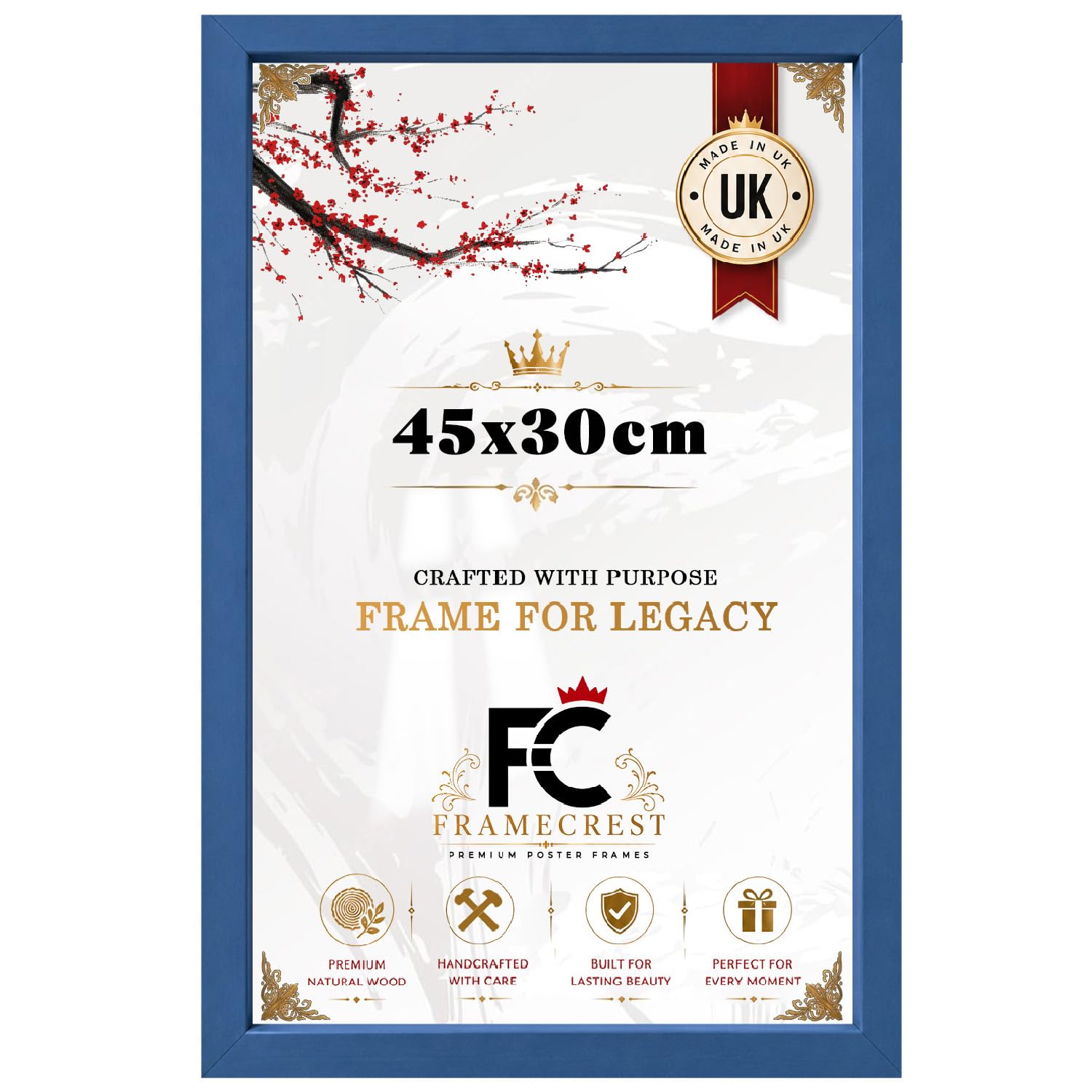 FRAMECREST 45x30cm MDF Poster Frame Blue | Slim Engineered Wood Frame with Clear Perspex | Wall Hanging Frame for Photos Certificates Artwork Office Display- [Blue]