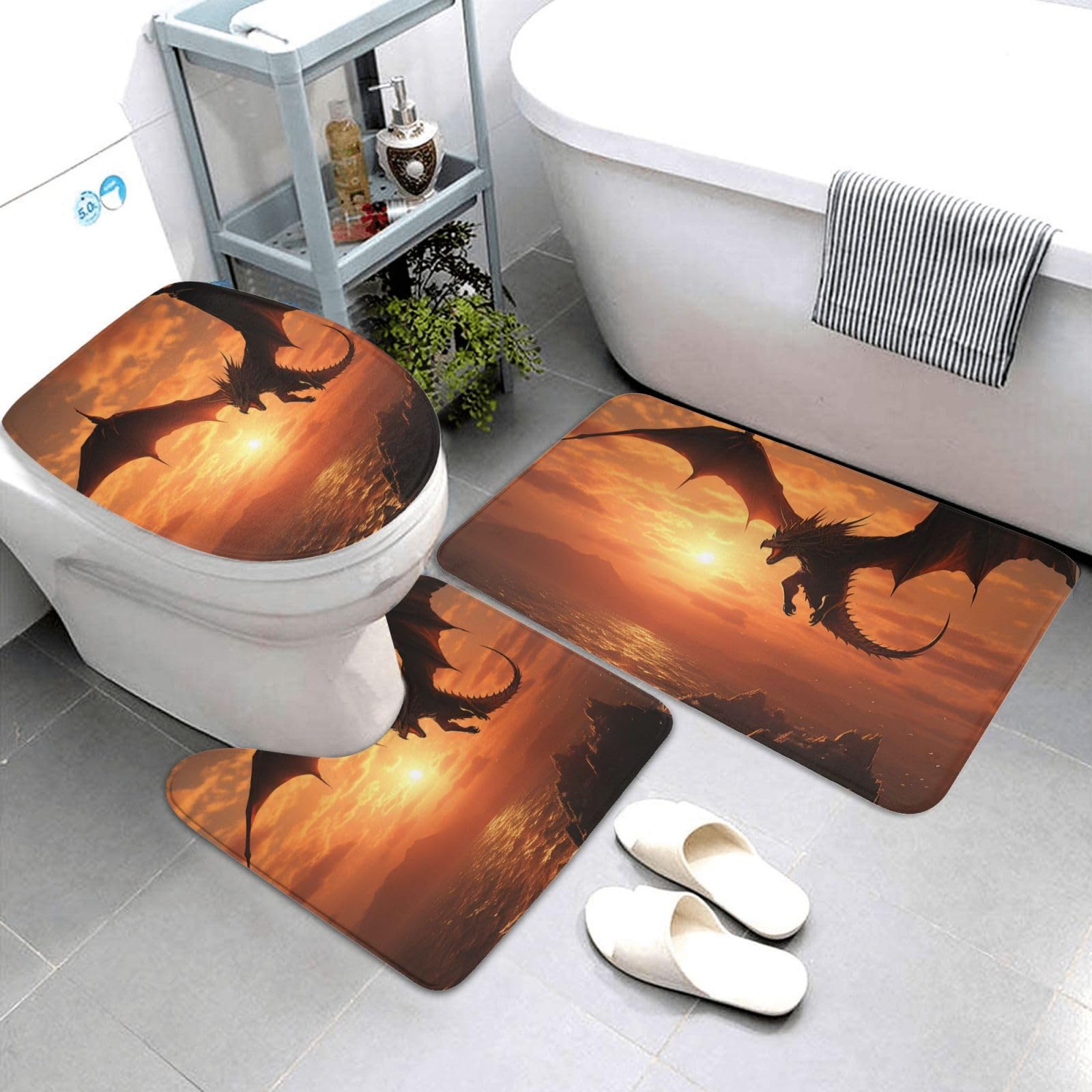 Tapis de bain super absorbants anti glisse et kit tapis de contour WC lavable motif dragon mer