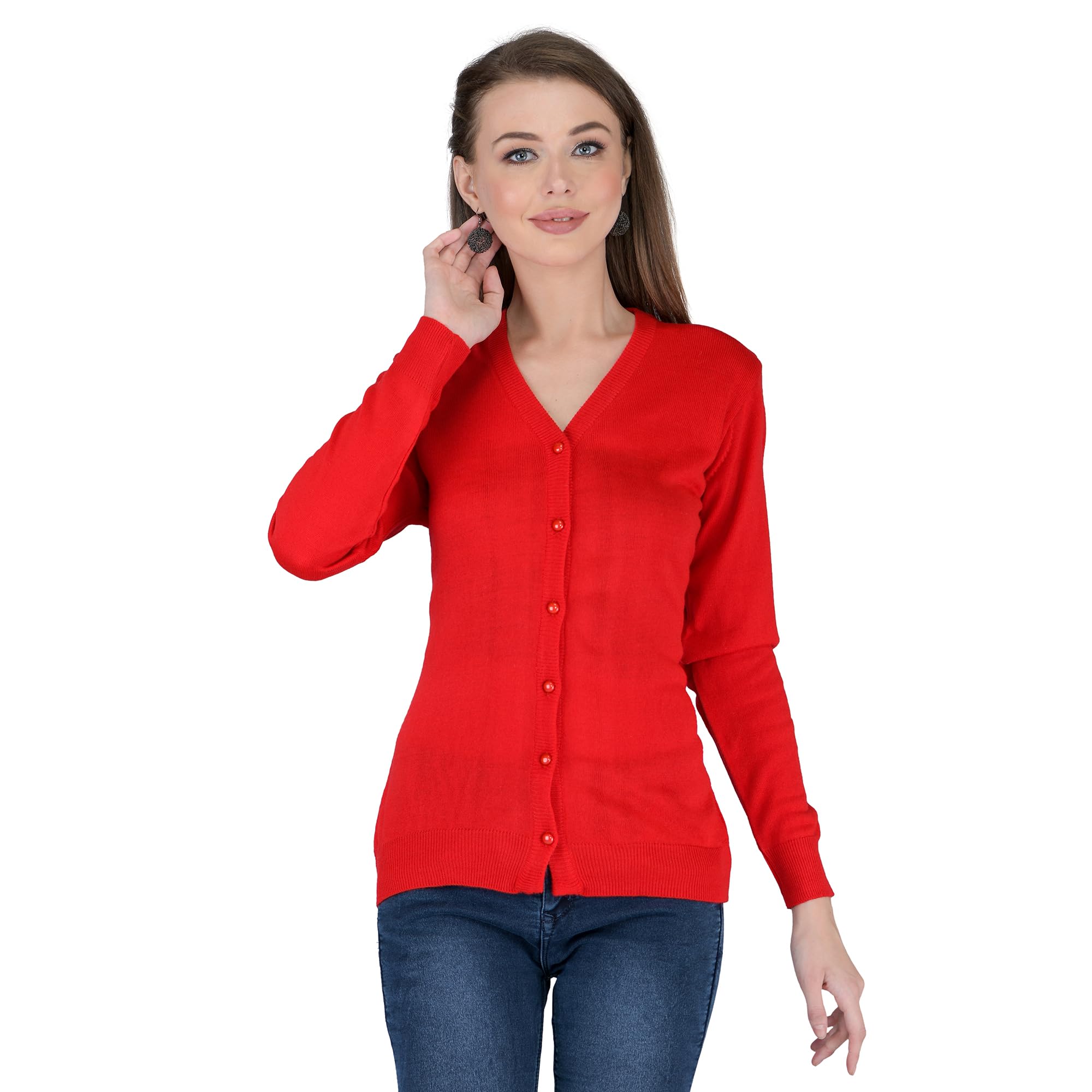 lady willington Women's Woolen V-Neck Cardigan - Heavy Daffodil Fabric Winter Wear Pure Wool Cardigan for Women - Free Size - Cotty - Fully Warm (RED, Large)-picture-31