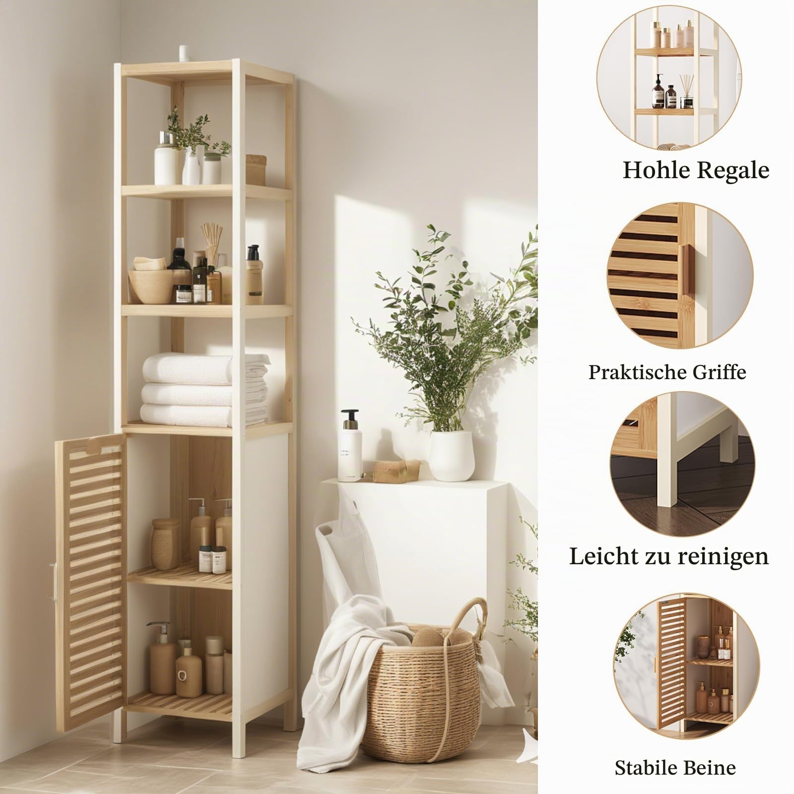 Badezimmerhochschrank, Badregal Bambus, Handtuch Schrank, Badschrank Schmal Hoch mit 1 Tür, Bathroom Storage Cabinet, Toilettenschrank für Badezimmer, Flur, Küche, Wohnzimmer