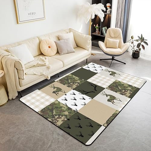 Camo Area Rug for Boys 5x7, Deer Antler Animals Hunting Non Slip Rug, Plaid Grid Patchwork Carpet for Kids Teens, Wild Animals Theme Decorative Rug for Living Room, Green