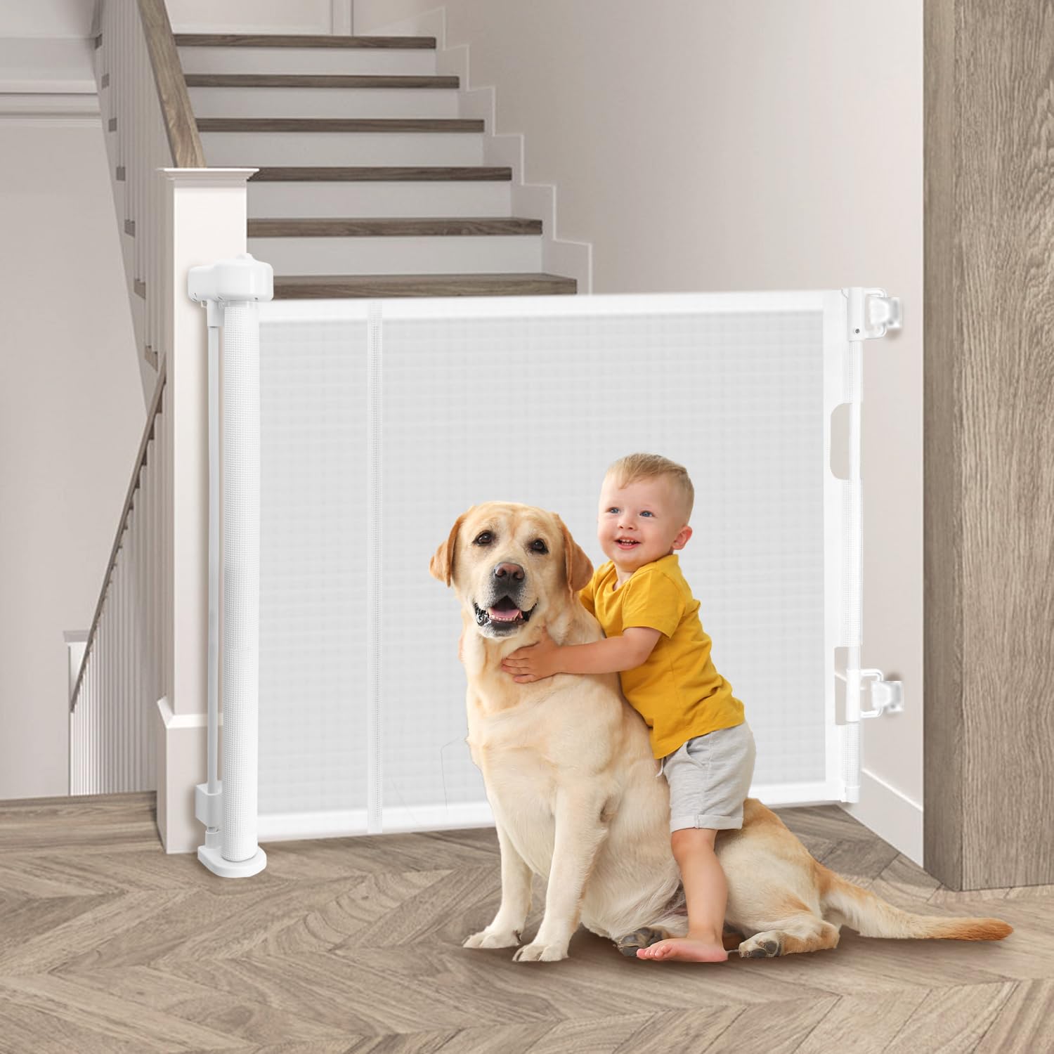 Upgraded Retractable Baby Gate, 55" inch Mesh Dog Gate for Doorways, One-Hand Open Safety Folding for Stairs, Retractable Pet Gate for Indoor, House, Pet, Dog, Cat, Outdoor,White