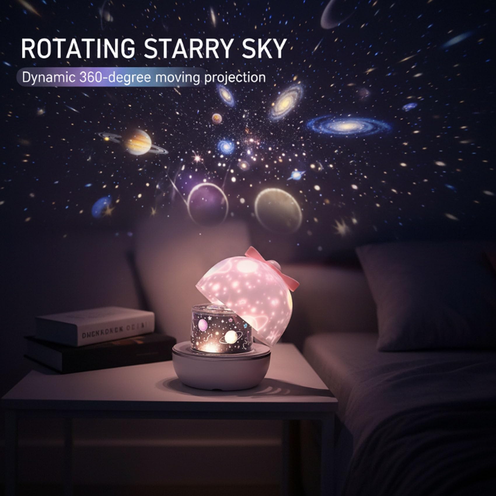Proyector de estrella giratorio recargable 360, luz nocturna, lámpara de proyector de cielo estrellado con 21 películas reemplazables, linda luz de estrella de arco para niños (1Pcs)