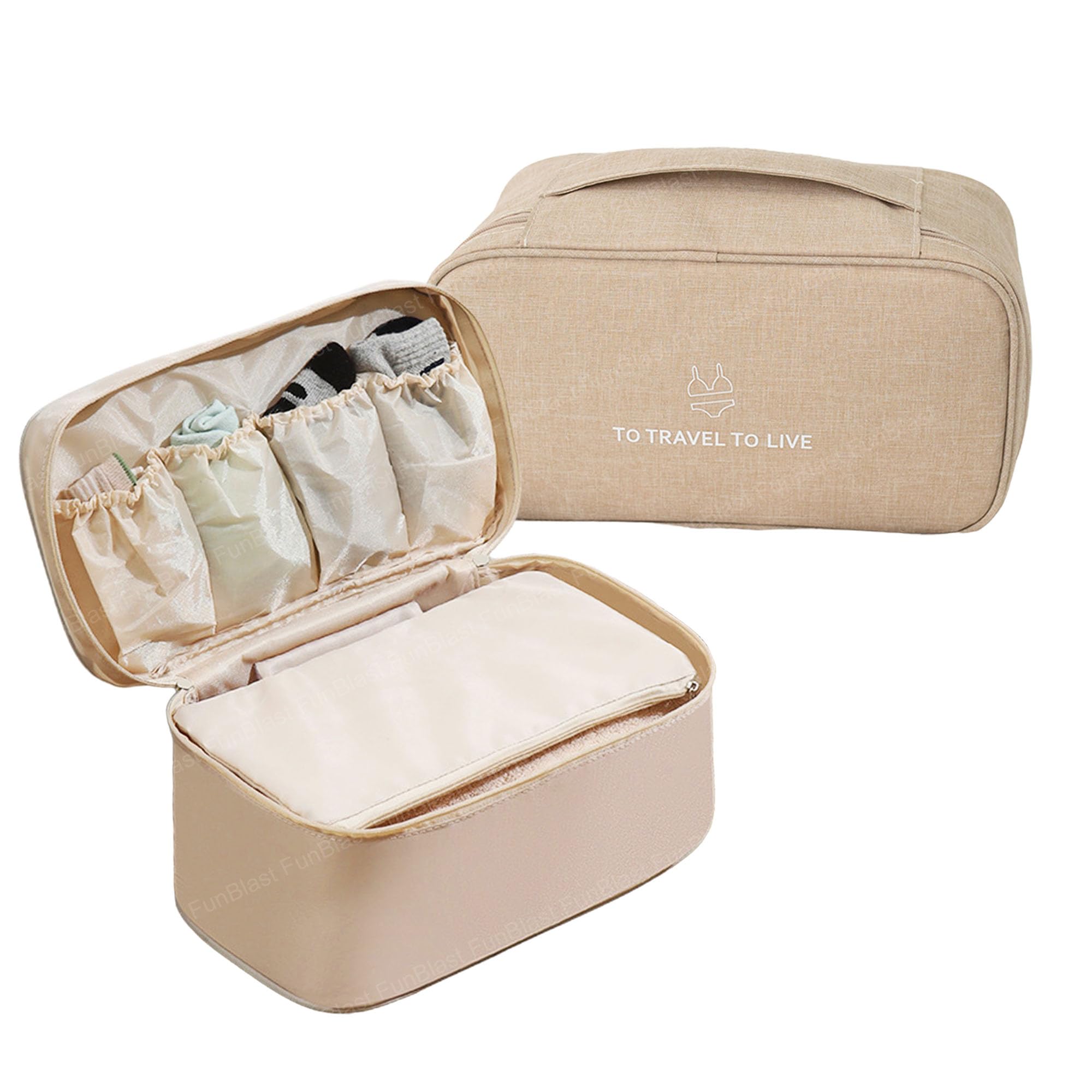 FunBlast Nylon Lingerie Organizer Bag, Multifunctional Bra Innerwear Underwear Panties Underwear, Innerwear, Cosmetics, Toiletry Travel Pouch Bag With Zipper Lock (Beige15 Cm, 12 Cm)-image-49