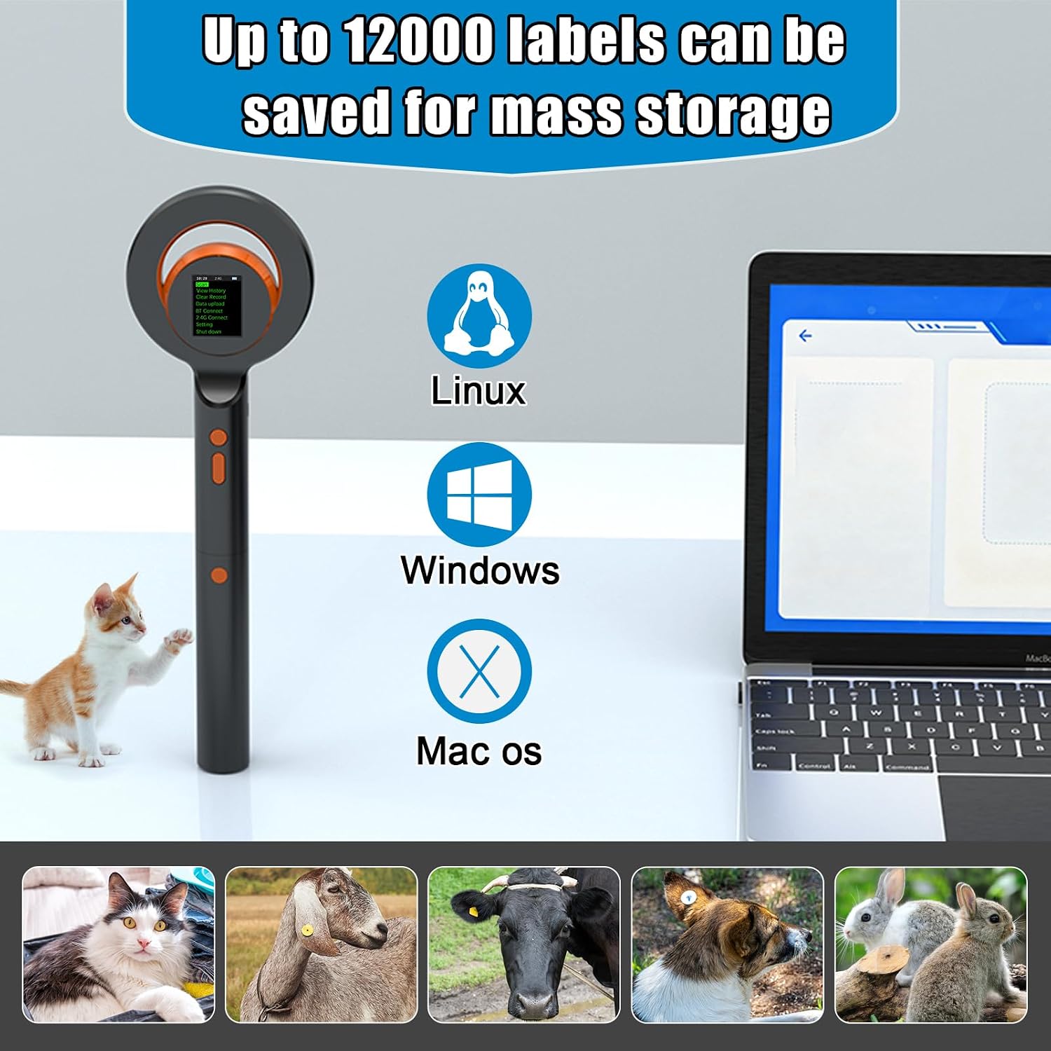 UHF Pet Microchip Scanner Scalable UHF RFID EMID Micro Animal Chip Reader with 1.77" High Brightness TFT Screen, 9000+ Records Storage Handheld Chip ID Scanner for Dog Cat Livestock Pet Shelter Vet