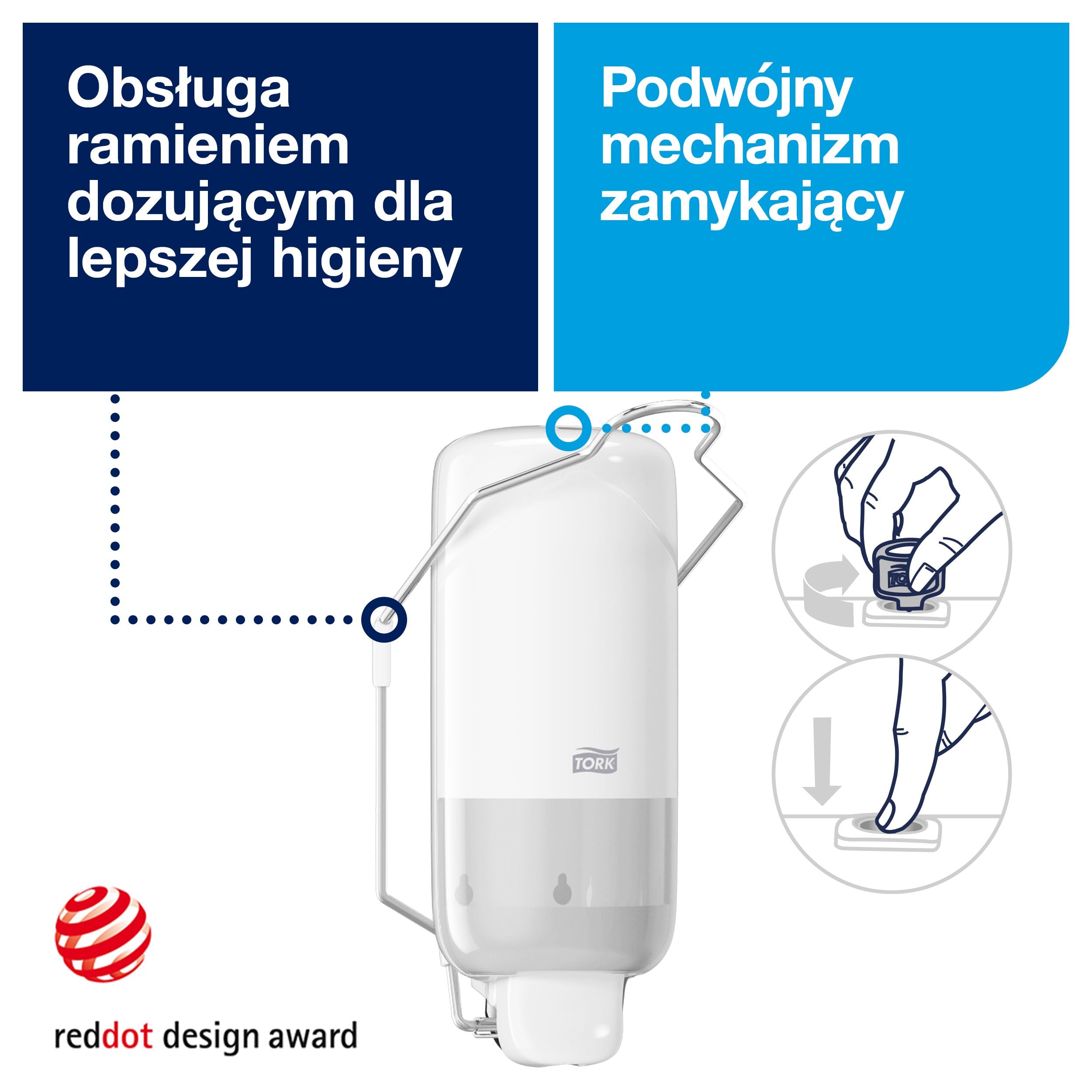 Tork Dozownik mydła z dźwignią do mydła w płynie i środków dezynfekujących rąk, Elevation – 560101 – higieniczny, szczelny system dozownika S1, biały